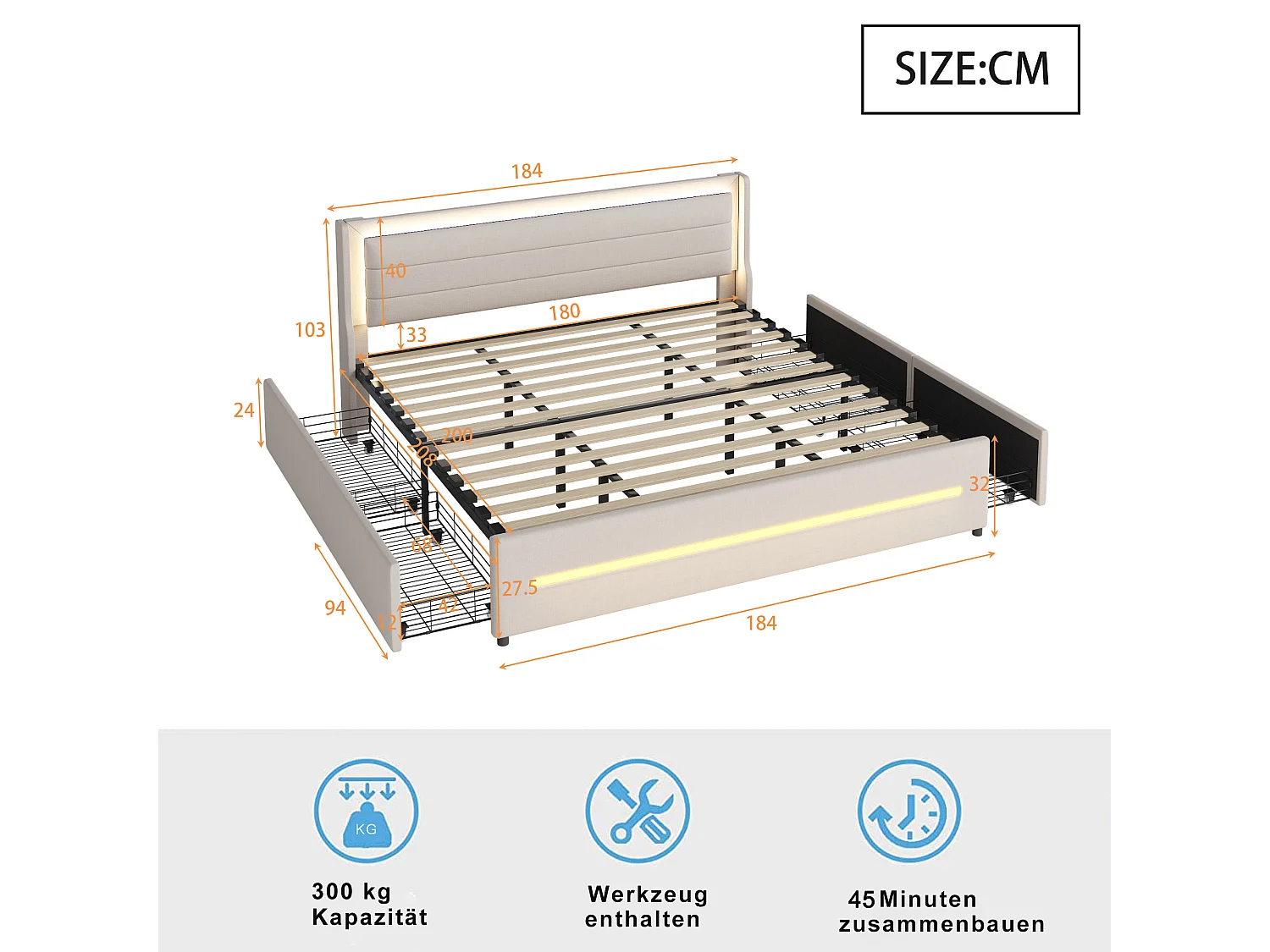 Polsterbett 180 x 200 cm mit Kopfteil und 4 Schubladen – LEDs – Leinenstoff – Beige (ohne Matratze)