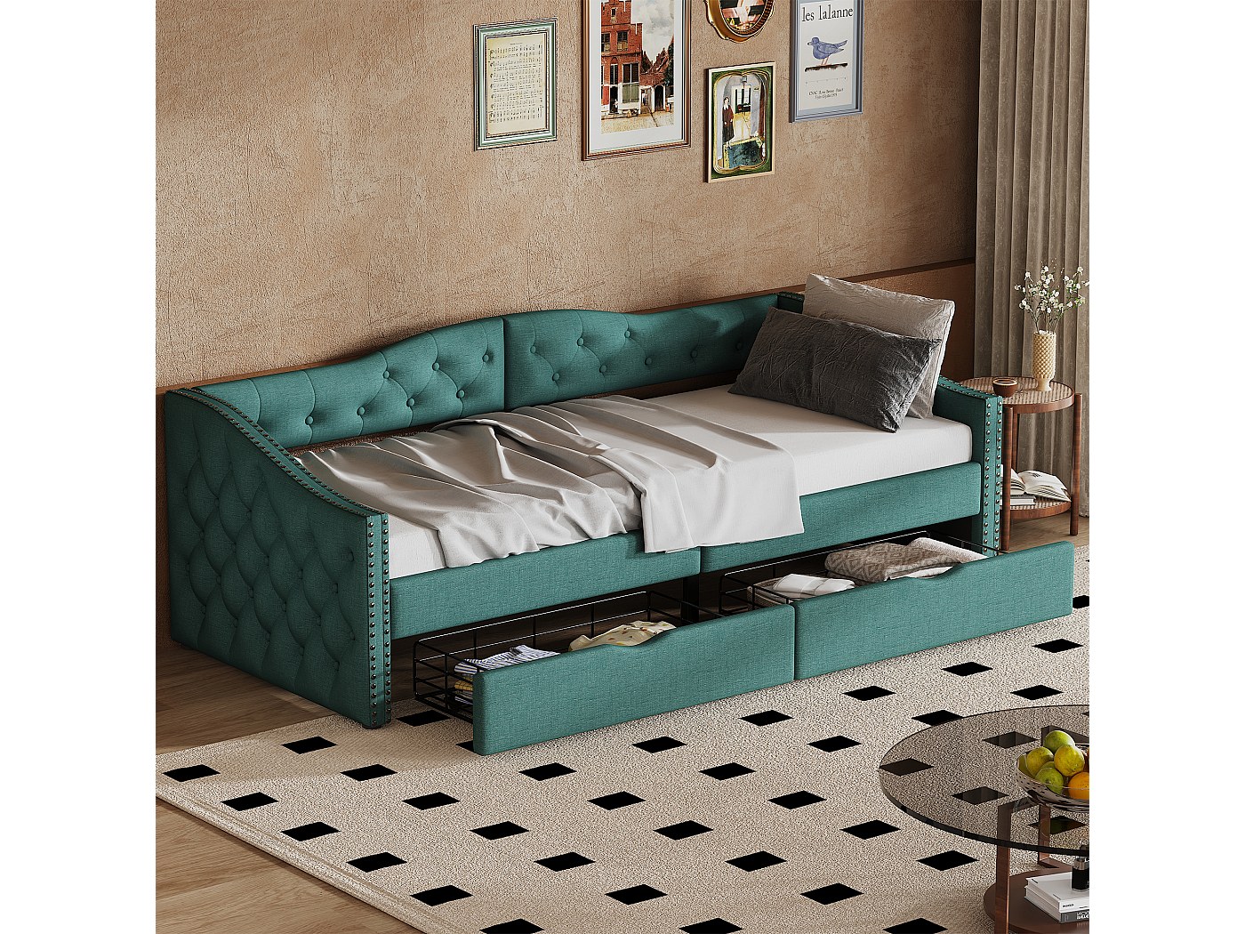 Letto imbottito 90 x 200 cm, divano letto - 2 cassetti - Tessuto di
