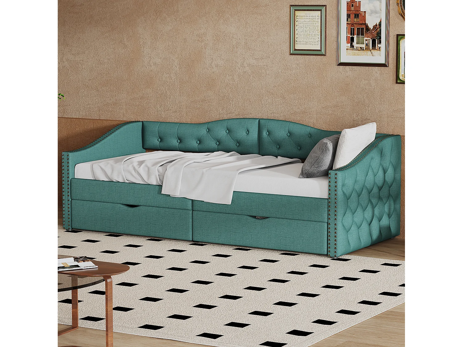 Cama estofada 90 x 200 cm, sofá cama - 2 gavetas - Tecido linho + MDF - Base de ripas - Verde (sem colchão)
