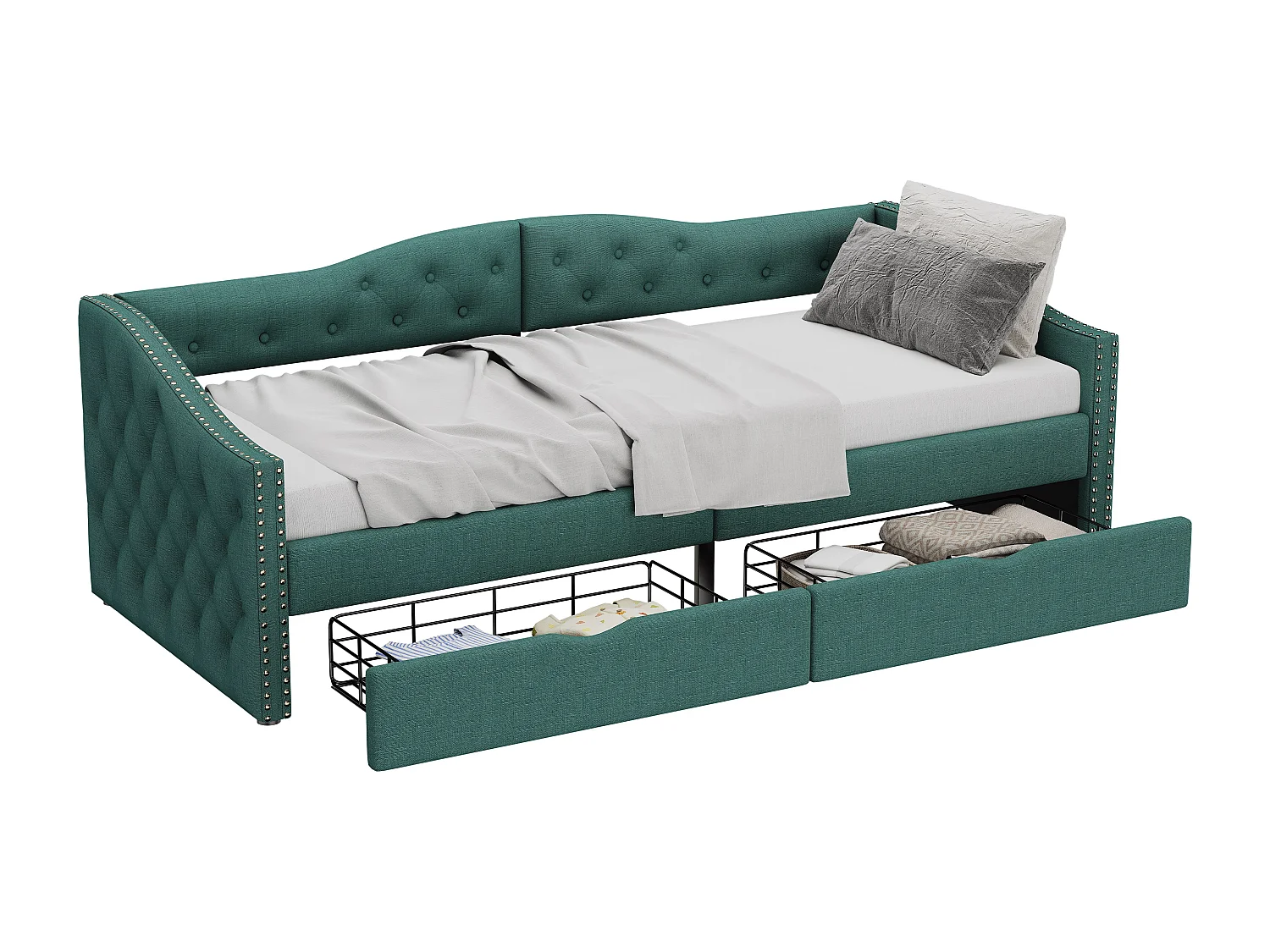 Cama estofada 90 x 200 cm, sofá cama - 2 gavetas - Tecido linho + MDF - Base de ripas - Verde (sem colchão)
