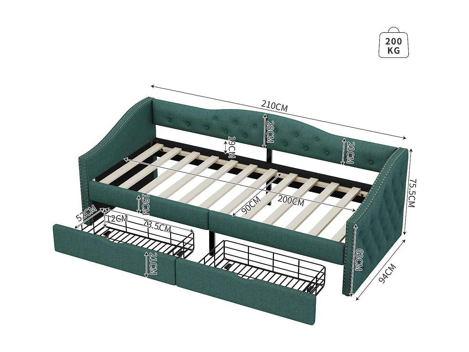 Cama estofada 90 x 200 cm, sofá cama - 2 gavetas - Tecido linho + MDF - Base de ripas - Verde (sem colchão)