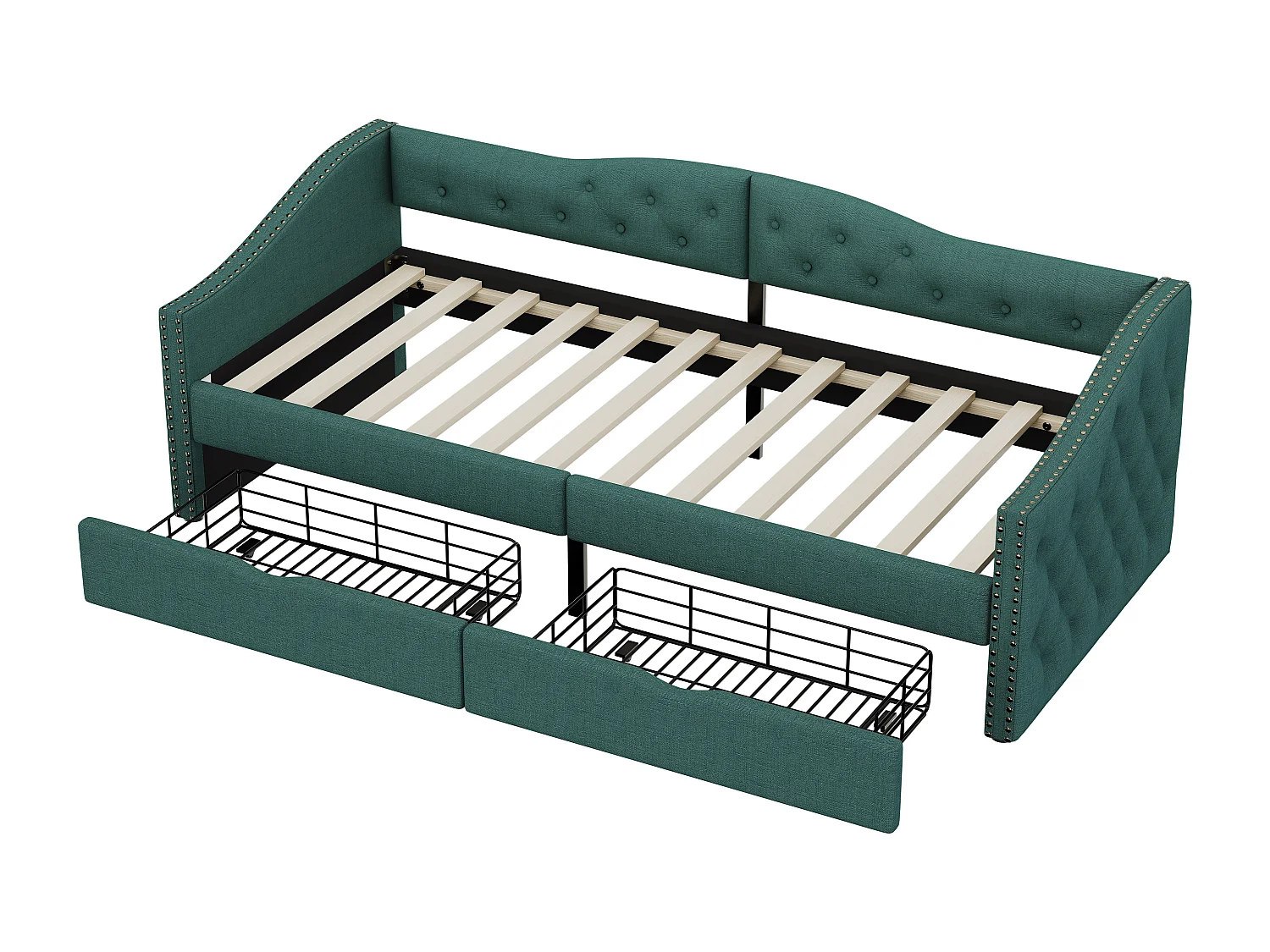 Cama estofada 90 x 200 cm, sofá cama - 2 gavetas - Tecido linho + MDF - Base de ripas - Verde (sem colchão)