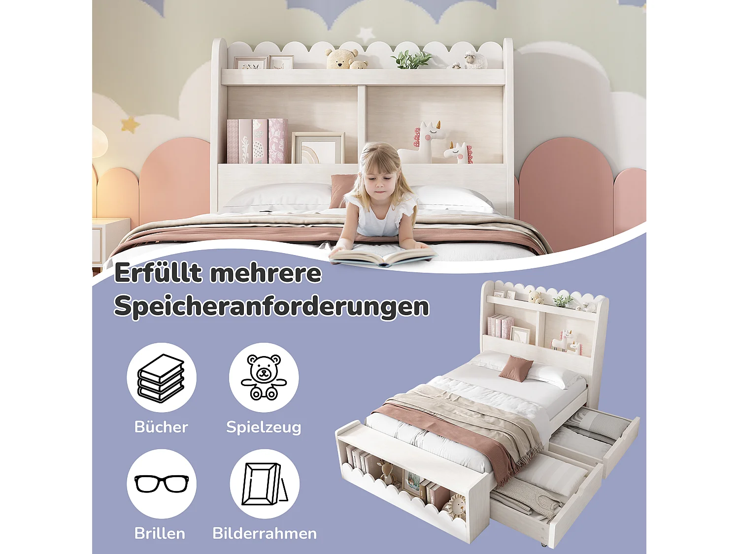 Lit enfant 90 x 190 cm avec 2 tiroirs, étagère et banc - Bois massif + MDF - Sommier à lattes - Chêne/blanc (sans matelas)