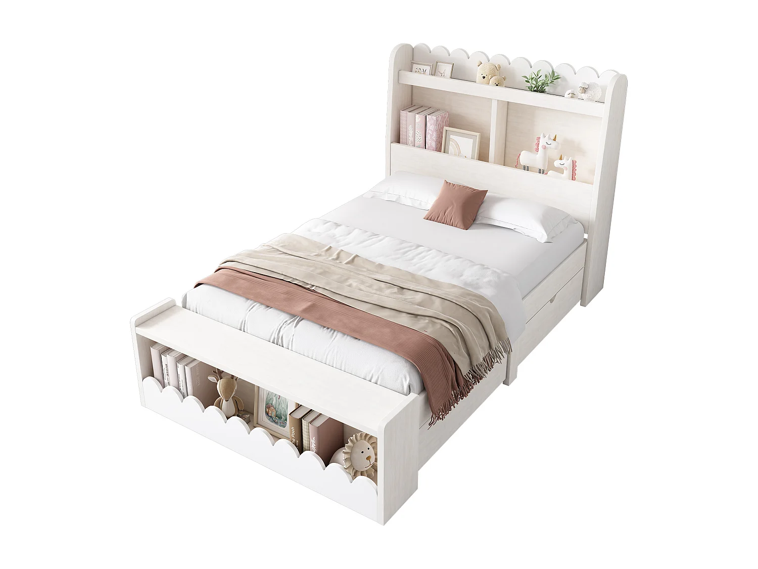 Lit enfant 90 x 190 cm avec 2 tiroirs, étagère et banc - Bois massif + MDF - Sommier à lattes - Chêne/blanc (sans matelas)