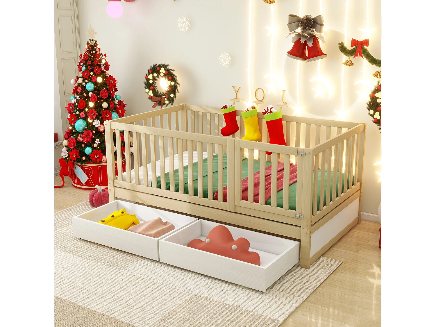 Lit enfant 90 x 200 cm avec 2 tiroirs et une porte - bois massif - sommier à lattes - blanc et naturel (sans matelas)