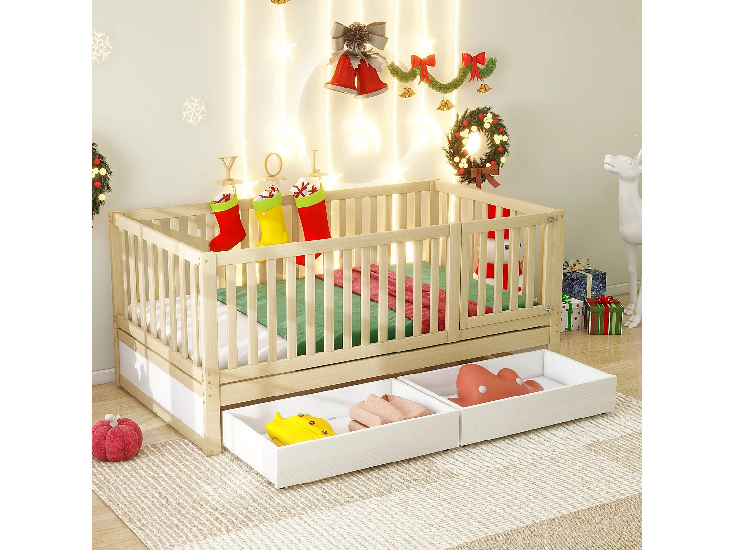 Lit enfant 90 x 200 cm avec 2 tiroirs et une porte - bois massif - sommier à lattes - blanc et naturel (sans matelas)