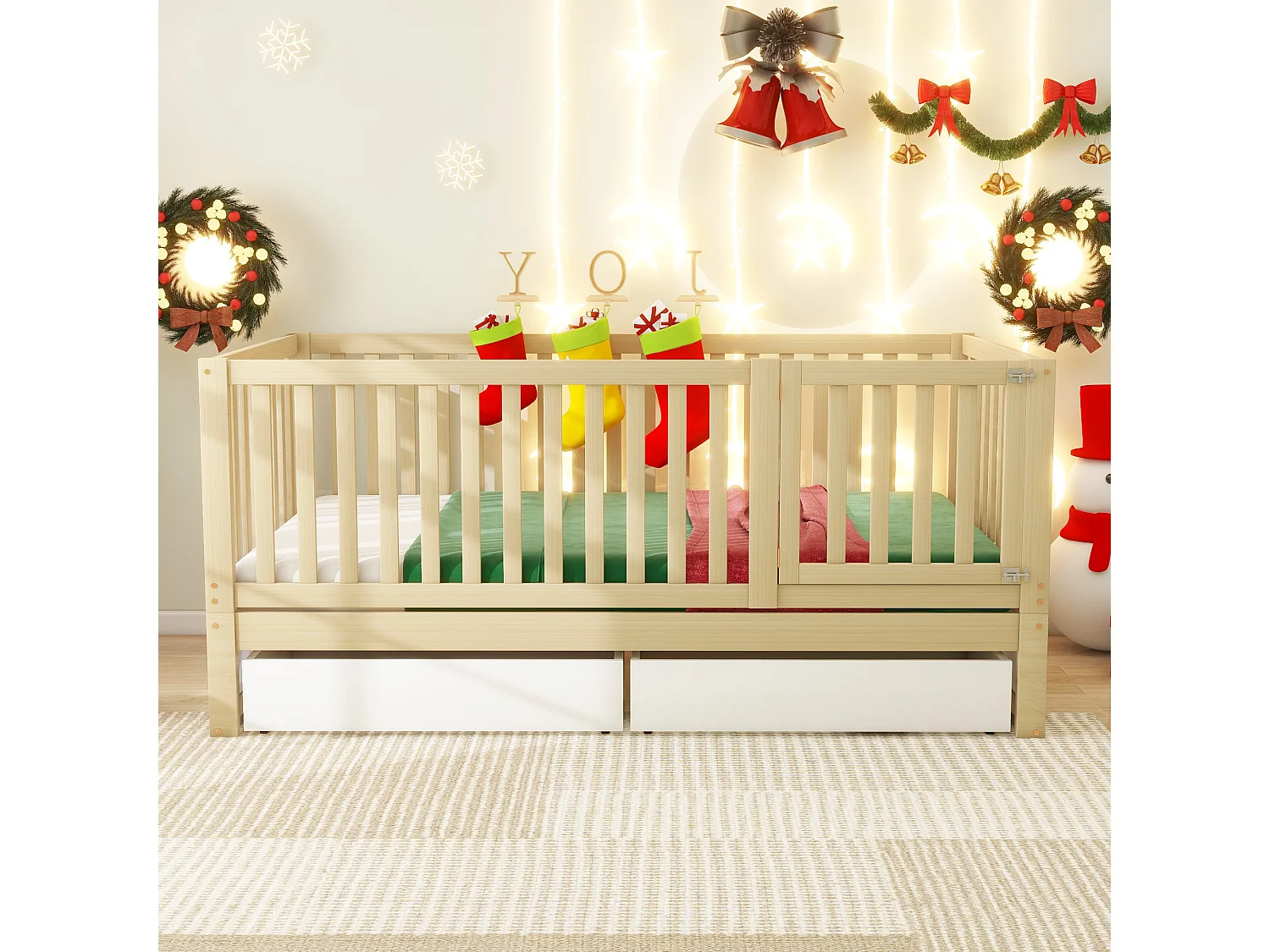 Lit enfant 90 x 200 cm avec 2 tiroirs et une porte - bois massif - sommier à lattes - blanc et naturel (sans matelas)