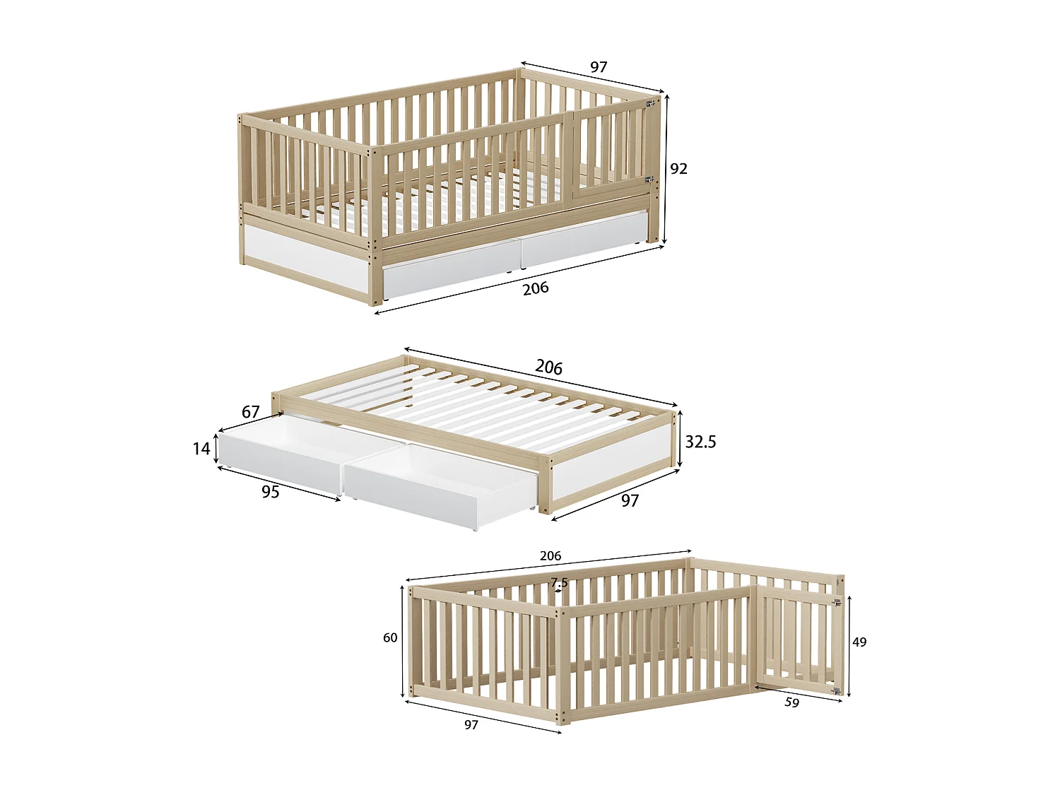 Lit enfant 90 x 200 cm avec 2 tiroirs et une porte - bois massif - sommier à lattes - blanc et naturel (sans matelas)