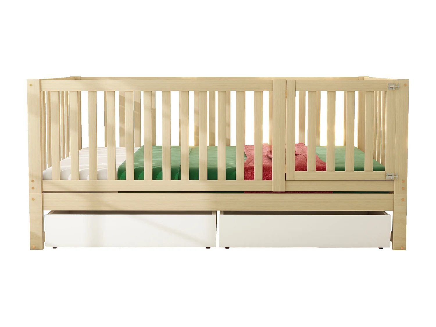 Lit enfant 90 x 200 cm avec 2 tiroirs et une porte - bois massif - sommier à lattes - blanc et naturel (sans matelas)