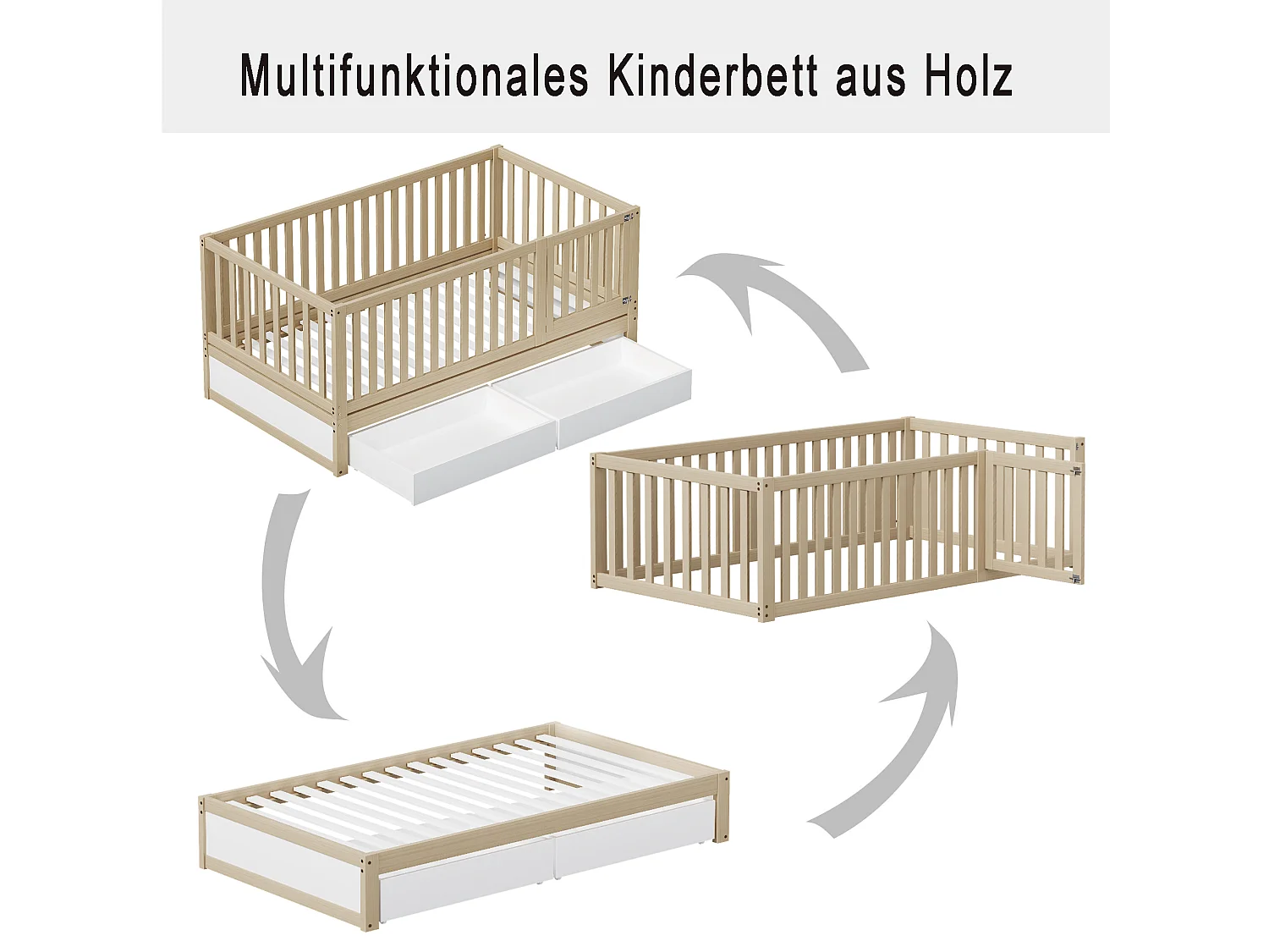Lit enfant 90 x 200 cm avec 2 tiroirs et une porte - bois massif - sommier à lattes - blanc et naturel (sans matelas)