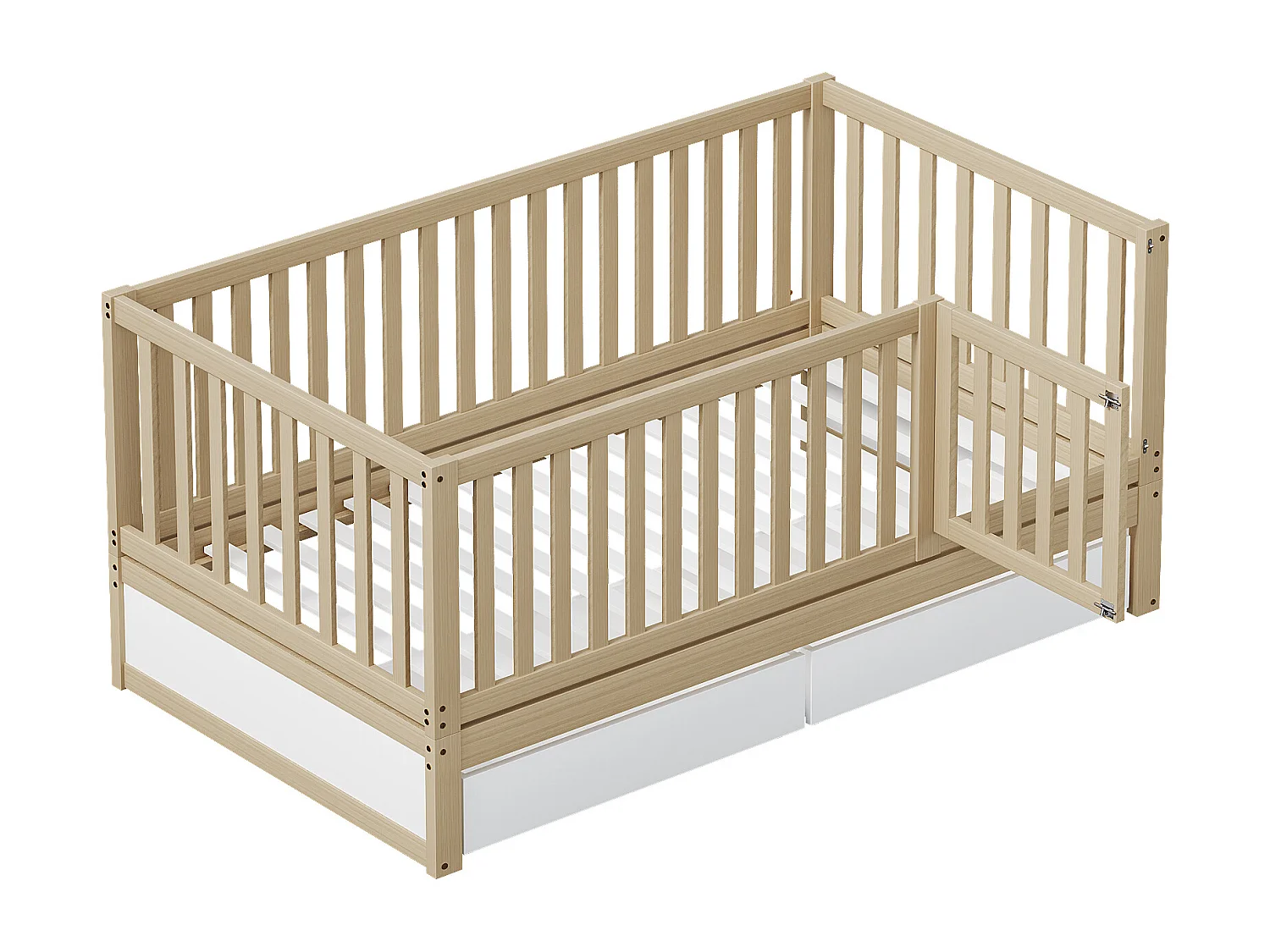 Lit enfant 90 x 200 cm avec 2 tiroirs et une porte - bois massif - sommier à lattes - blanc et naturel (sans matelas)