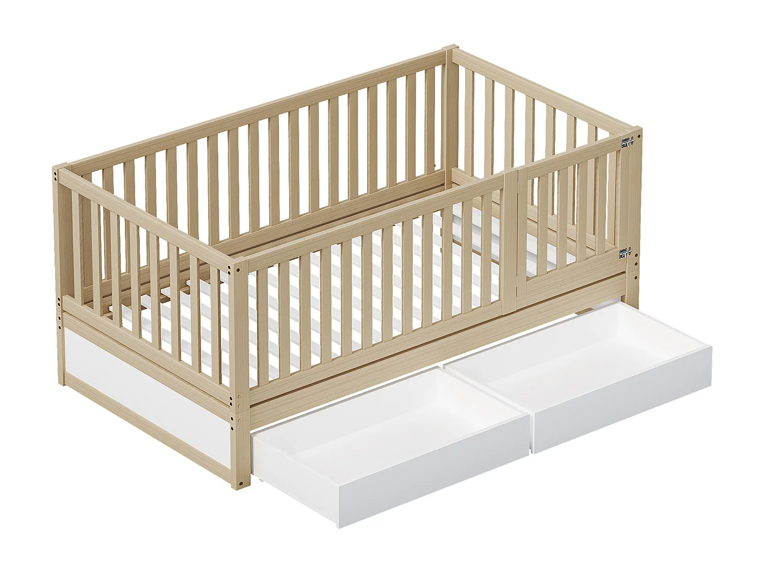 Lit enfant 90 x 200 cm avec 2 tiroirs et une porte - bois massif - sommier à lattes - blanc et naturel (sans matelas)