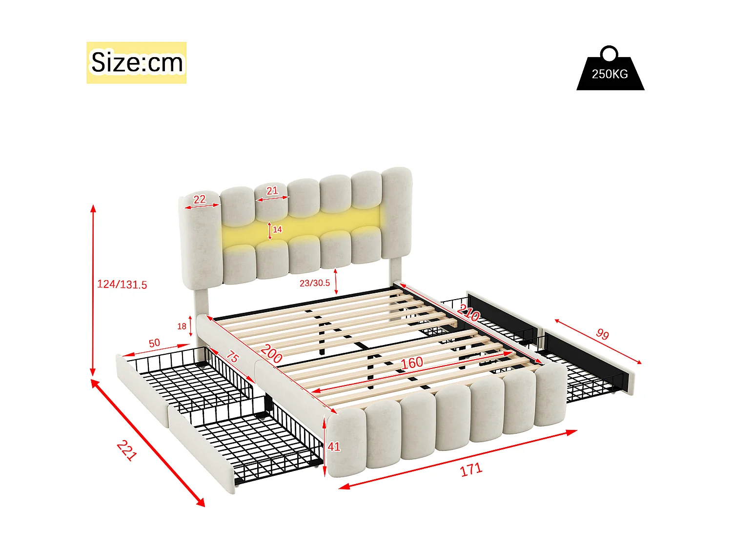 Łóżko tapicerowane 160 x 200 cm z 4 szufladami - LED-y i porty USB - Aksamit - Stelaż listwowy - Beżowy (bez materaca)