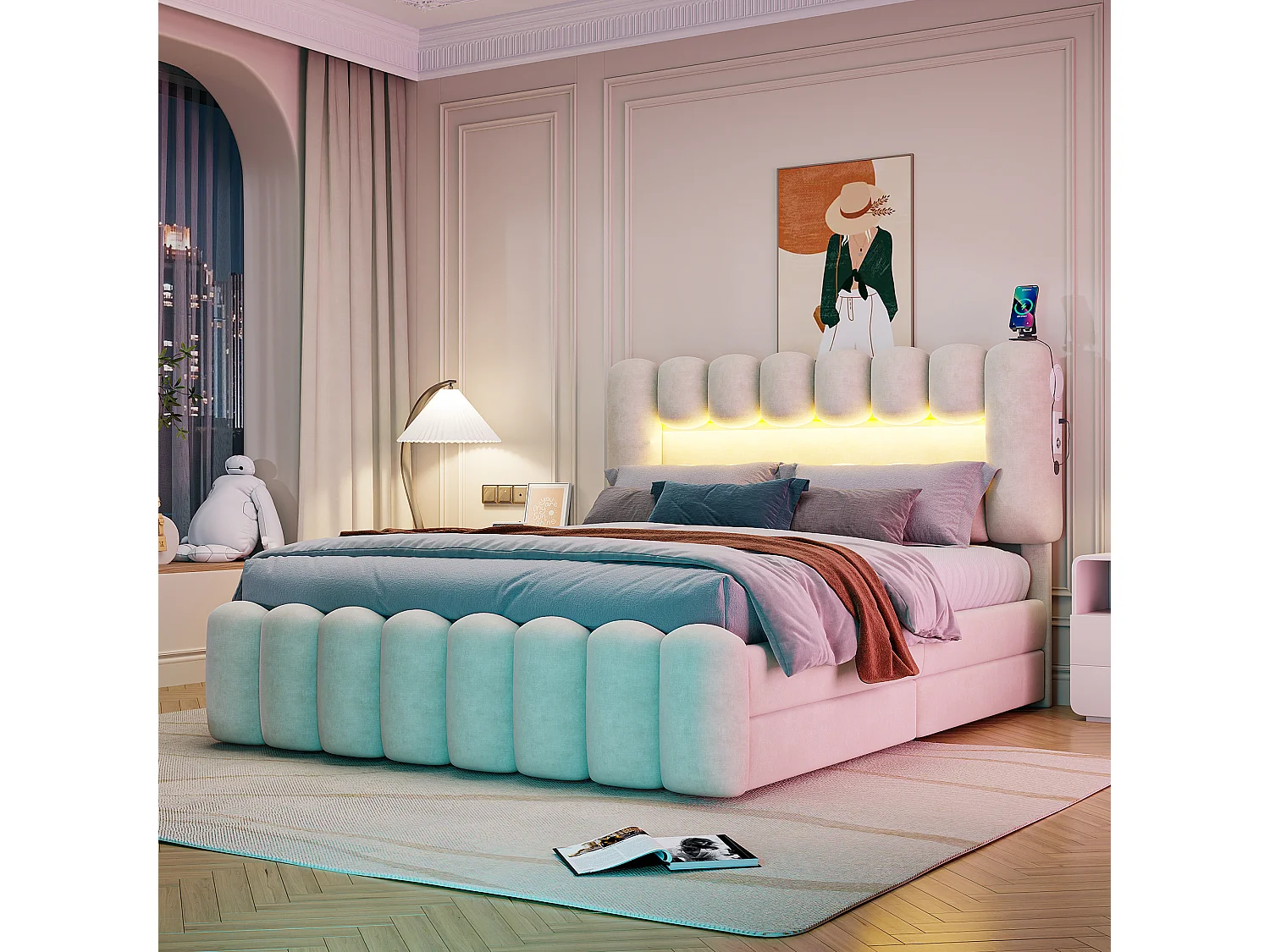 Gestoffeerd bed 160 x 200 cm met 4 lades - LED's en USB-aansluitingen - Fluweel - Lattenbodem - Beige (zonder matras)