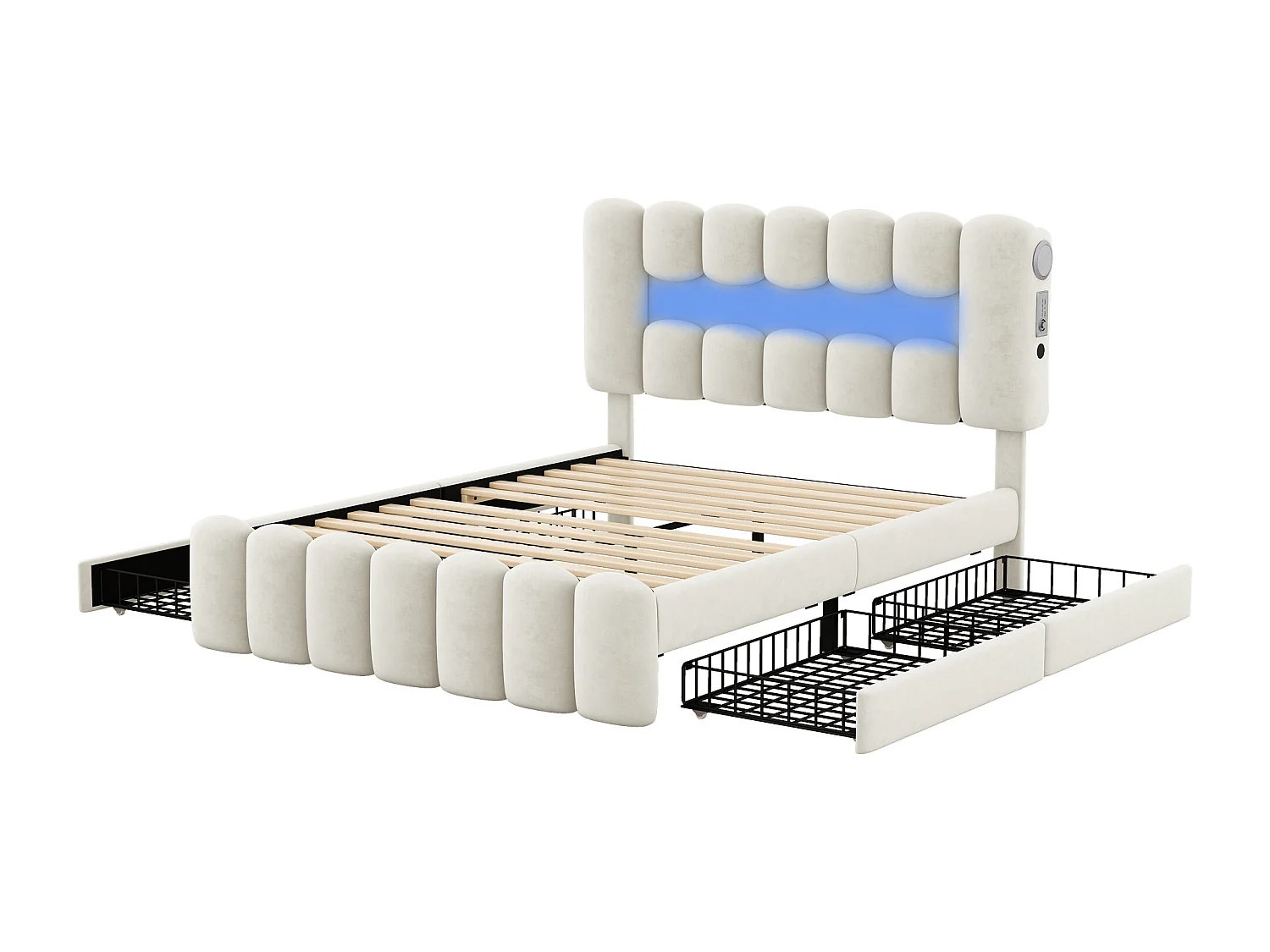 Gestoffeerd bed 160 x 200 cm met 4 lades - LED's en USB-aansluitingen - Fluweel - Lattenbodem - Beige (zonder matras)