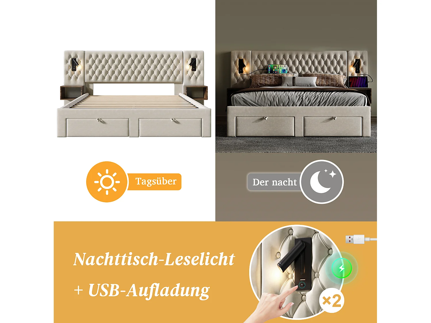 Lit capitonné 160 x 200 cm avec tête de lit et 2 tables de chevet - lampe de lecture et 4 tiroirs - Velours - Beige (sans matelas)