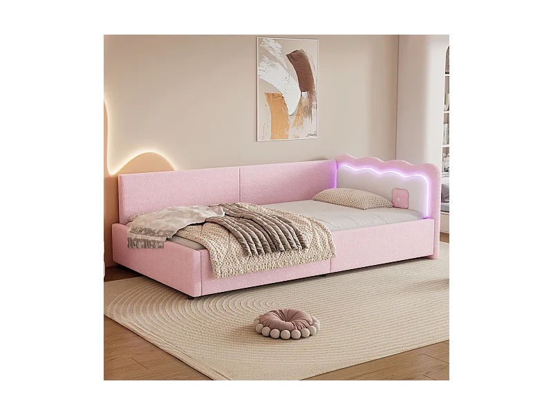 Lit enfant 90 x 200 cm avec tête de lit, Canapé lit - LEDs - Velours - Sommier à lattes - Rose (sans matelas)