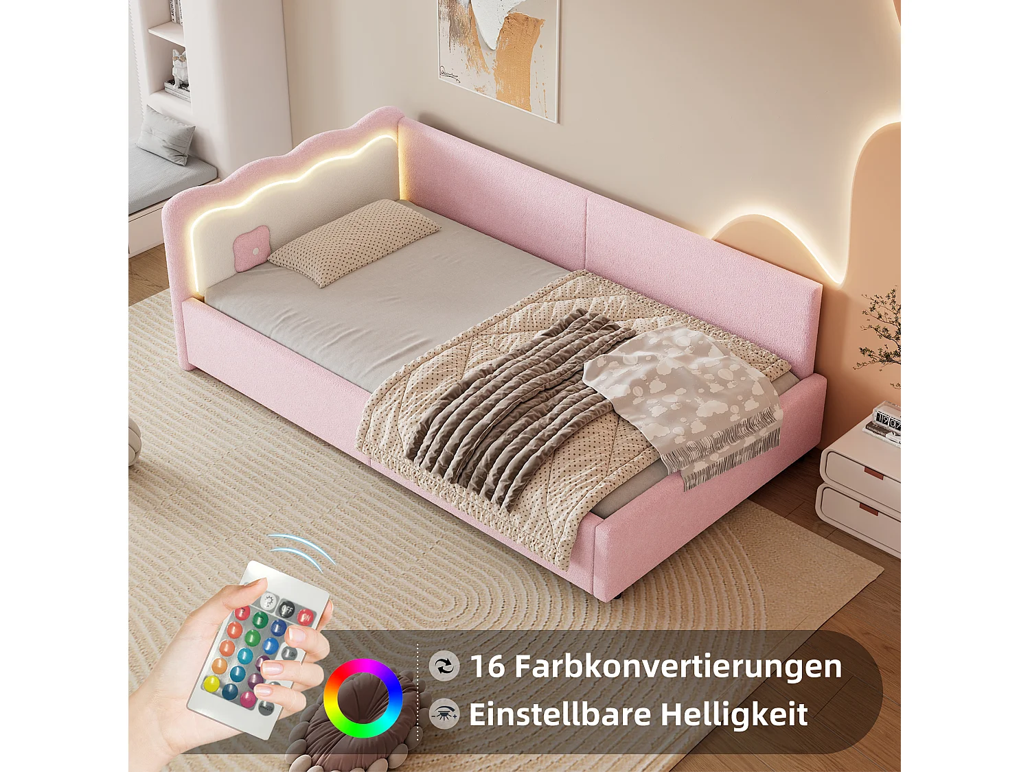 Letto per bambini 90 x 200 cm con testiera, Divano letto - LED - Velluto - Rete a doghe - Rosa (senza materasso)