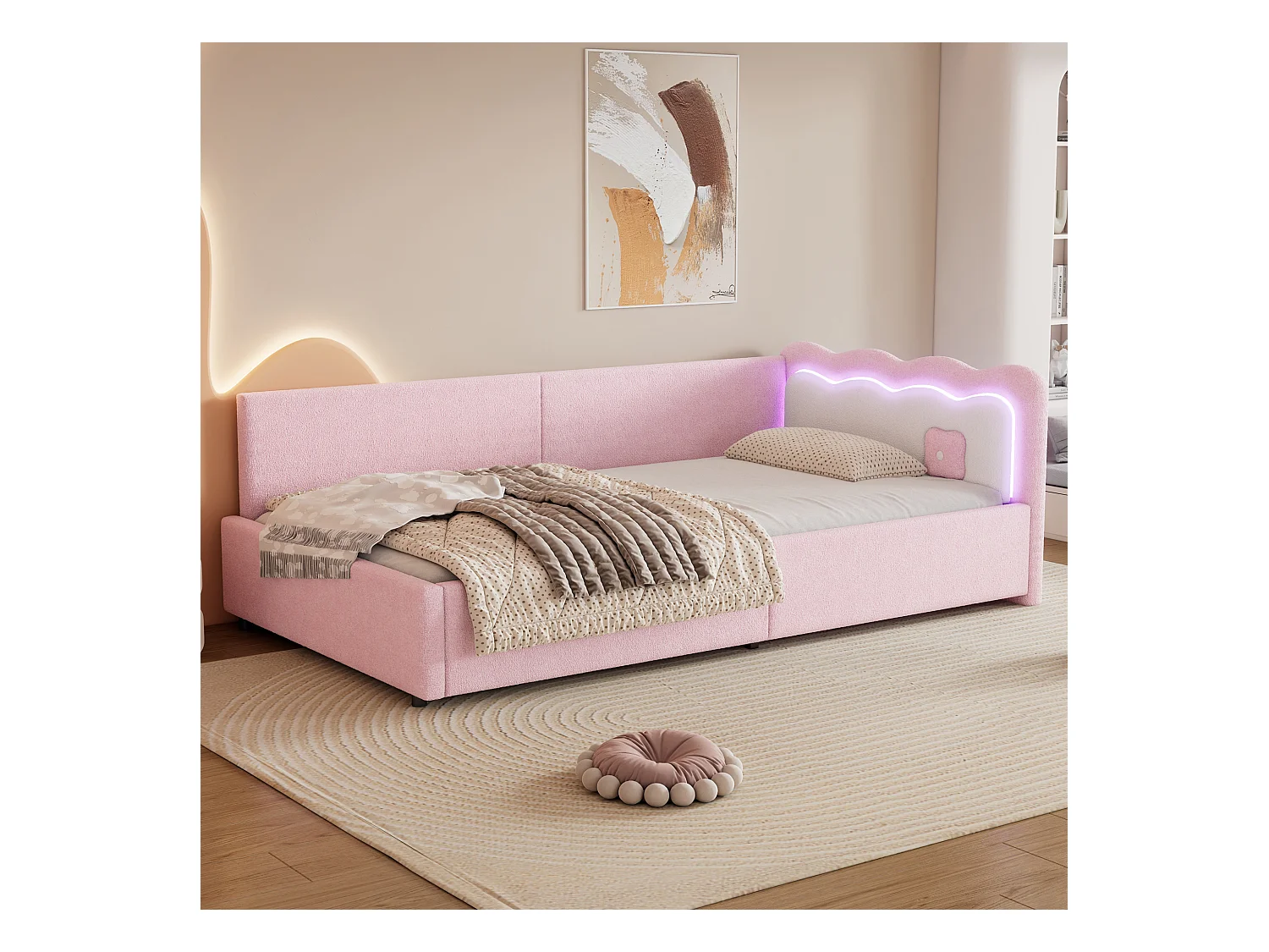 Lit enfant 90 x 200 cm avec tête de lit, Canapé lit - LEDs - Velours - Sommier à lattes - Rose (sans matelas)