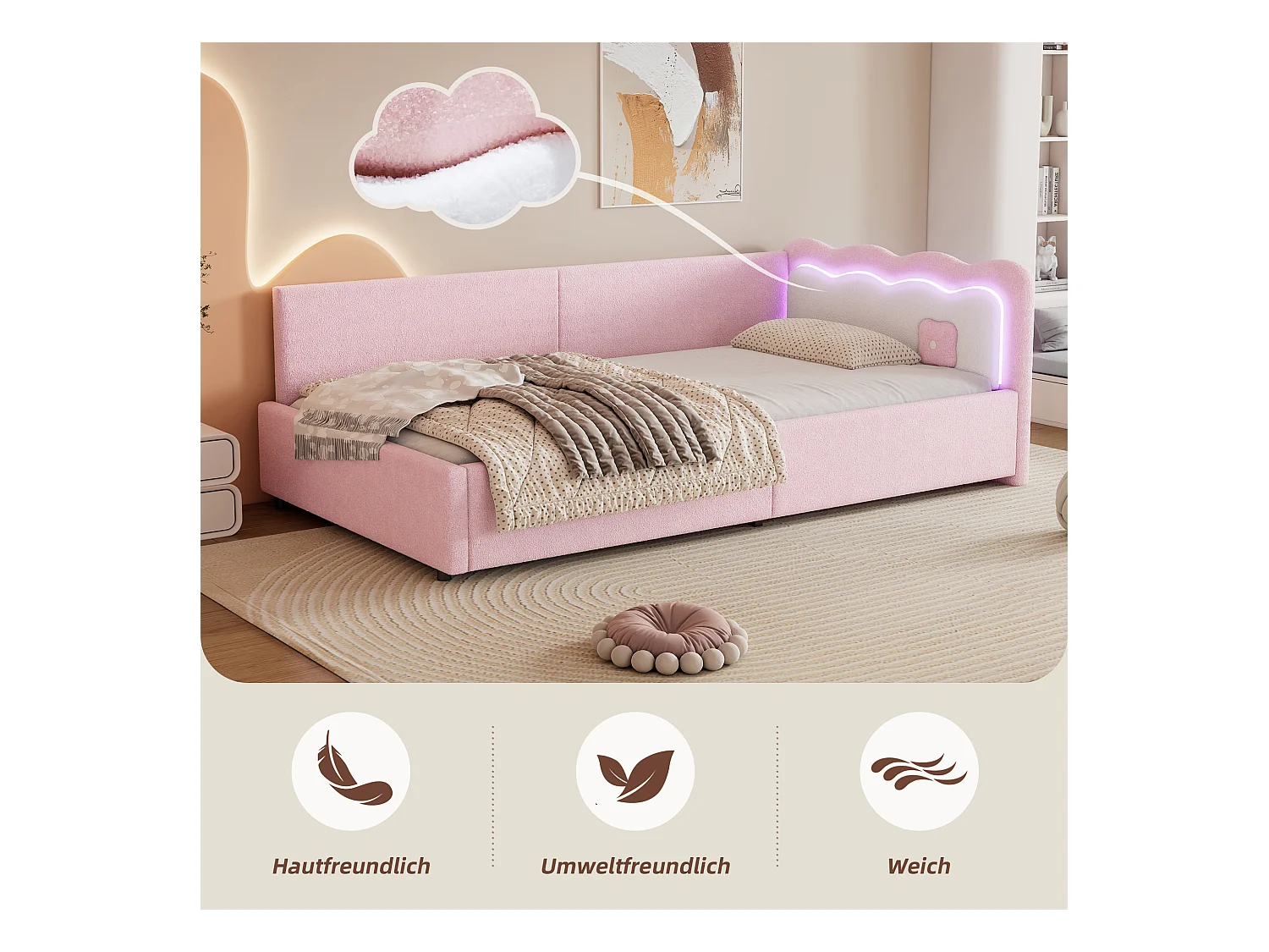 Cama infantil 90 x 200 cm con cabecero, Sofá cama - LED - Terciopelo - Somier de láminas - Rosa (sin colchón)