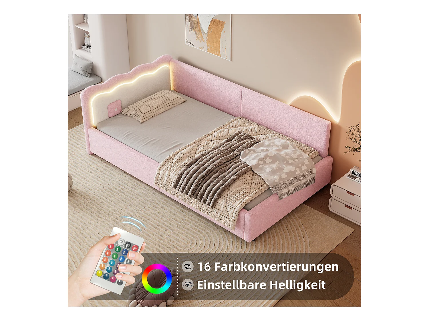 Cama infantil 90 x 200 cm con cabecero, Sofá cama - LED - Terciopelo - Somier de láminas - Rosa (sin colchón)