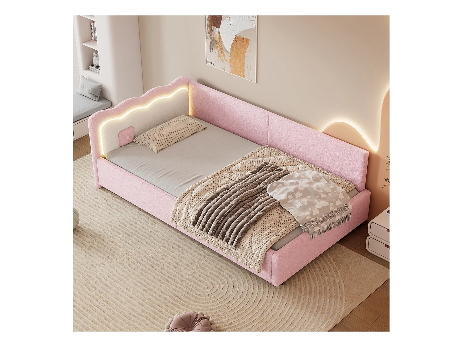 Cama infantil 90 x 200 cm con cabecero, Sofá cama - LED - Terciopelo - Somier de láminas - Rosa (sin colchón)