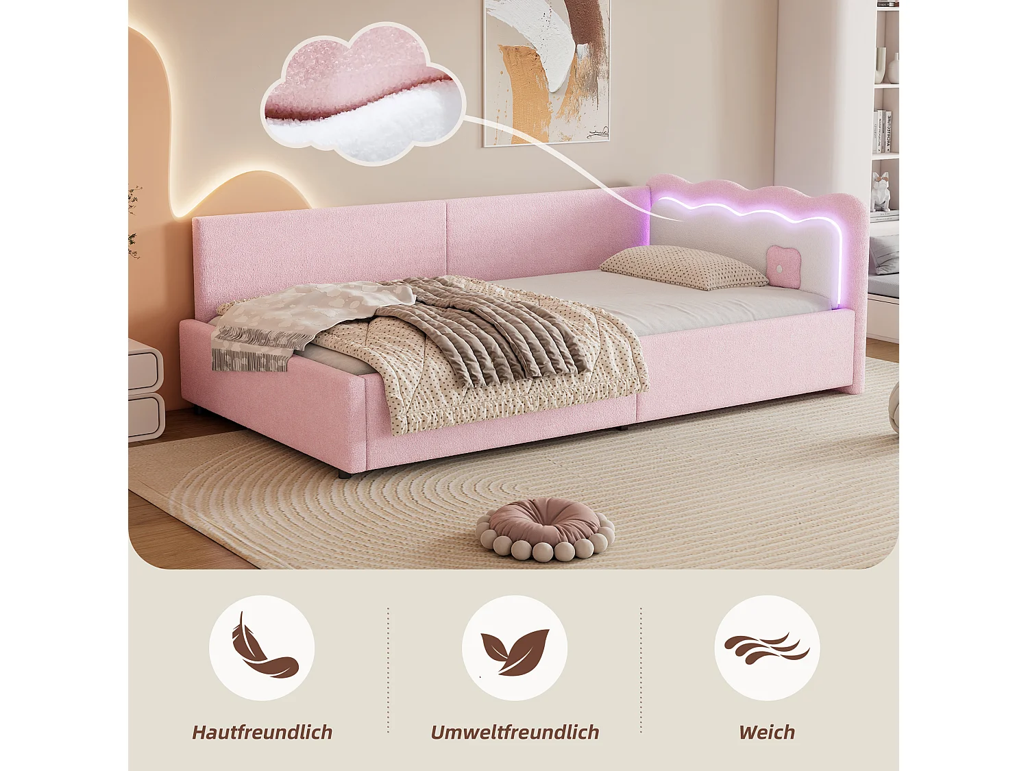 Kinderbed 90 x 200 cm met hoofdeinde, Slaapbank - LED's - Fluweel - Lattenbodem - Roze (zonder matras)