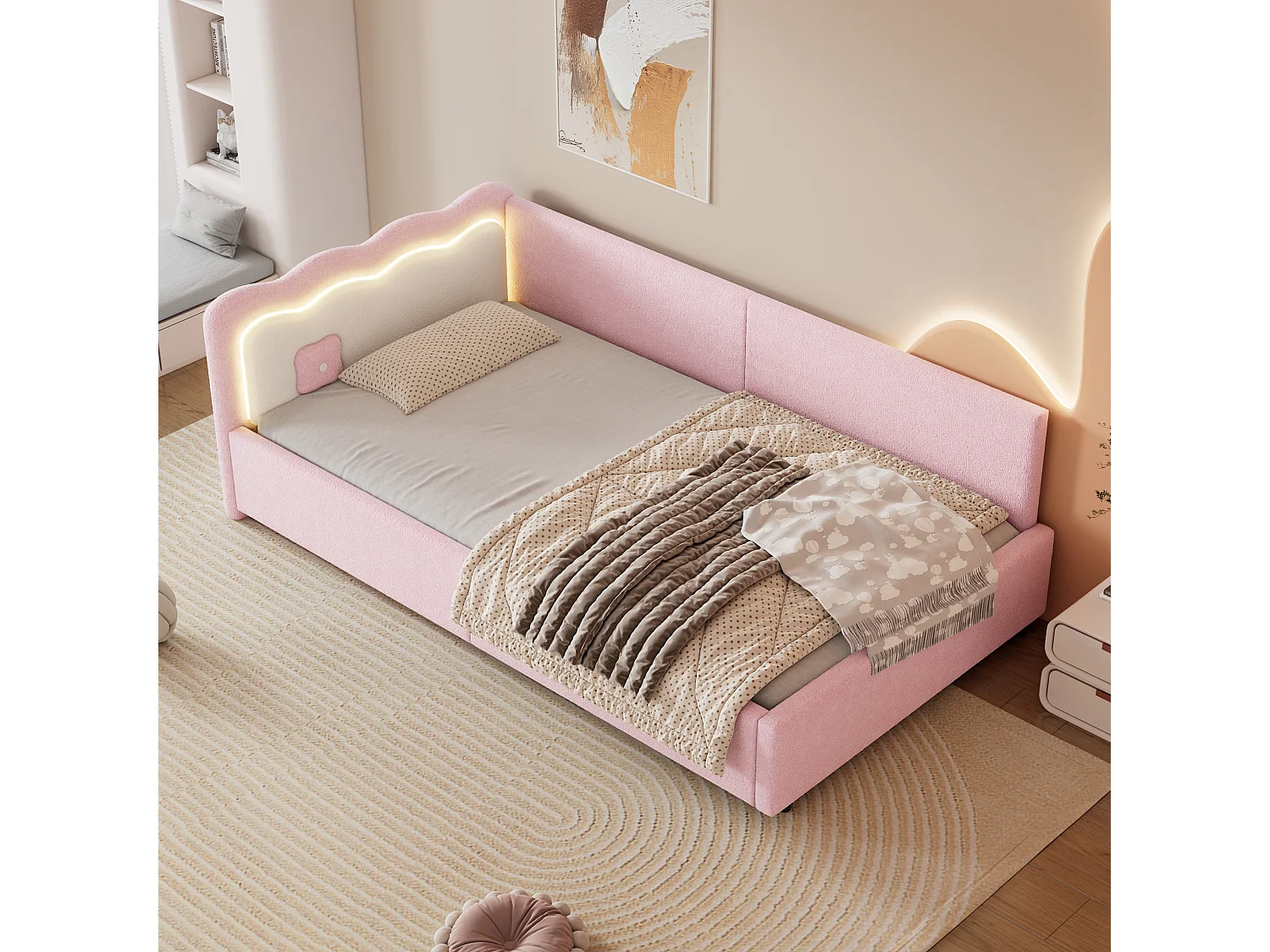 Kinderbed 90 x 200 cm met hoofdeinde, Slaapbank - LED's - Fluweel - Lattenbodem - Roze (zonder matras)