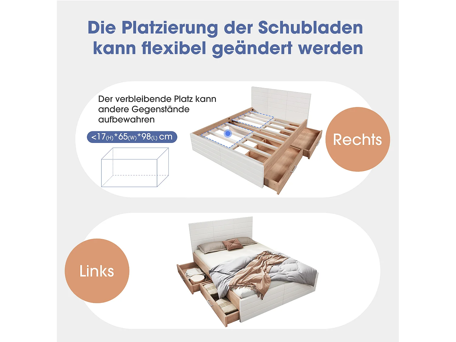 Bed 160 x 200 cm met hoofdeinde en 2 lades - Massief hout + MDF - Lattenbodem - Eiken/wit (zonder matras)