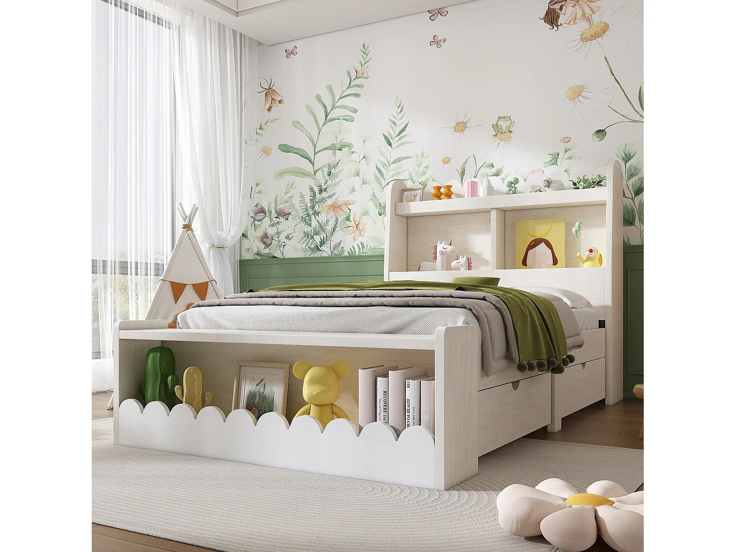 Cama infantil 90 x 200 cm com 2 gavetas, prateleira e banco - Madeira maciça + MDF - Base de ripas - Carvalho/branco (sem colchão)