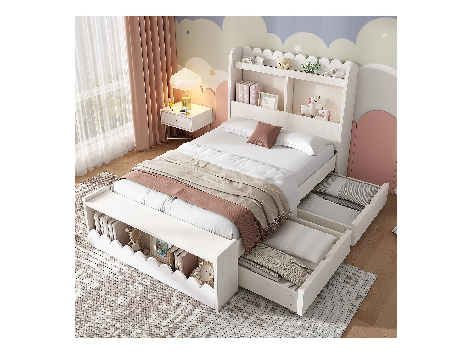 Kinderbett 90 x 200 cm mit 2 Schubladen, Regal und Sitzbank – Massivholz + MDF – Lattenrost – Eiche/weiß (ohne Matratze)