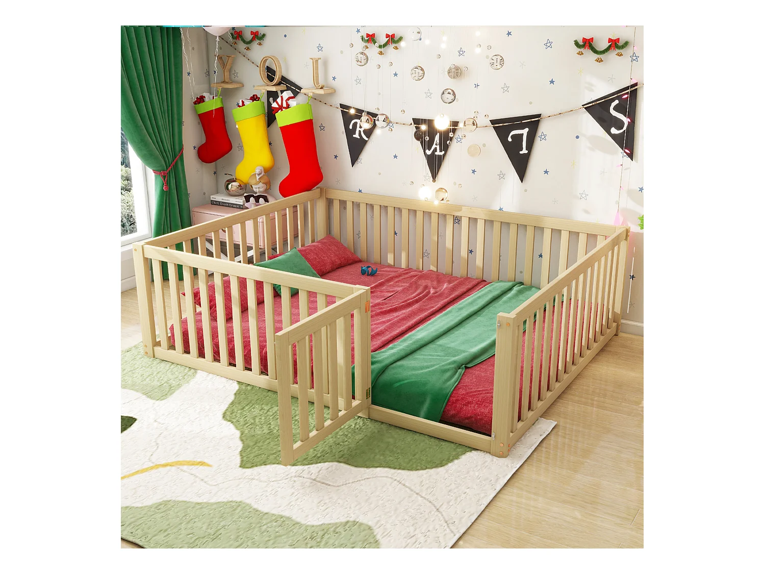 Lit enfant 140 x 200 cm, cadre de lit au sol en bois avec clôture et porte, naturel ( sans sommier et matelas)