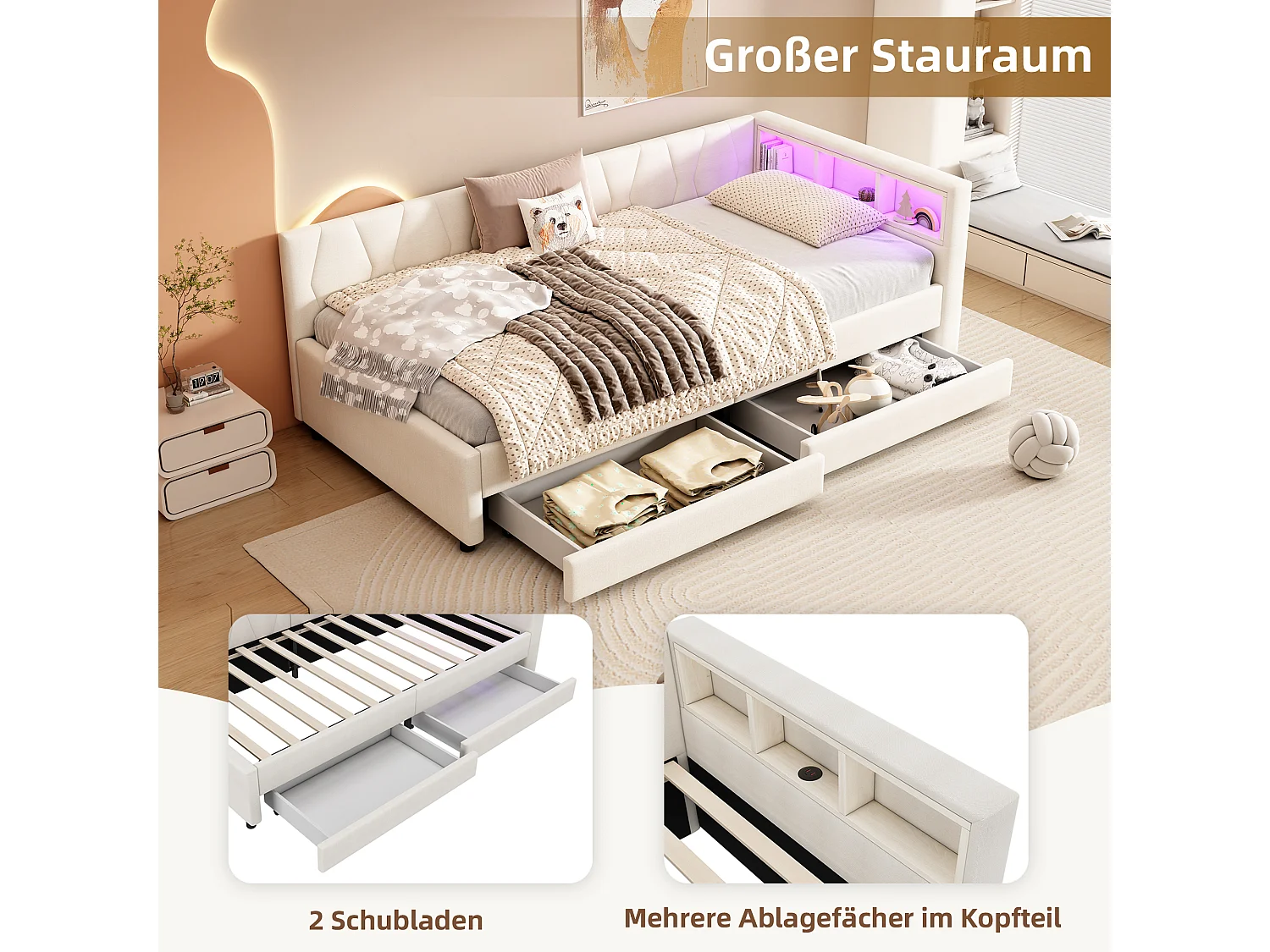 Lit capitonné 90 x 200 cm avec tête de lit et 2 tiroirs - LEDs, Prise USB + Type C - Tissu en lin - Beige (sans matelas)