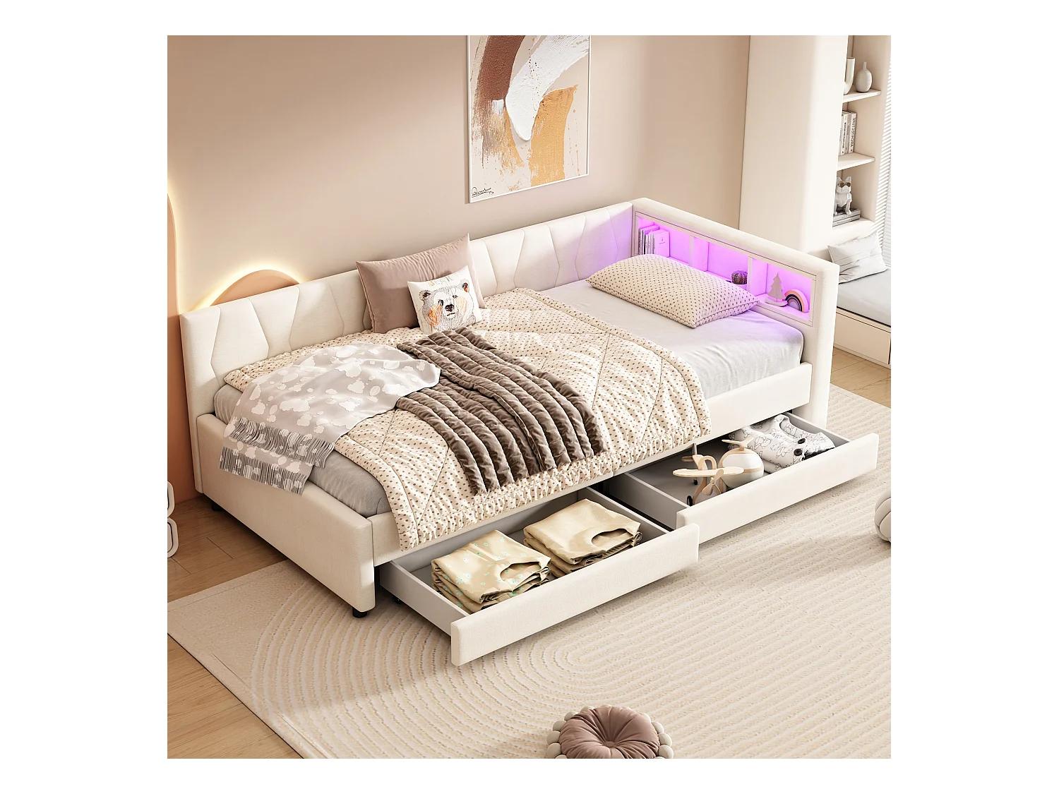 Lit capitonné 90 x 200 cm avec tête de lit et 2 tiroirs - LEDs, Prise USB + Type C - Tissu en lin - Beige (sans matelas)
