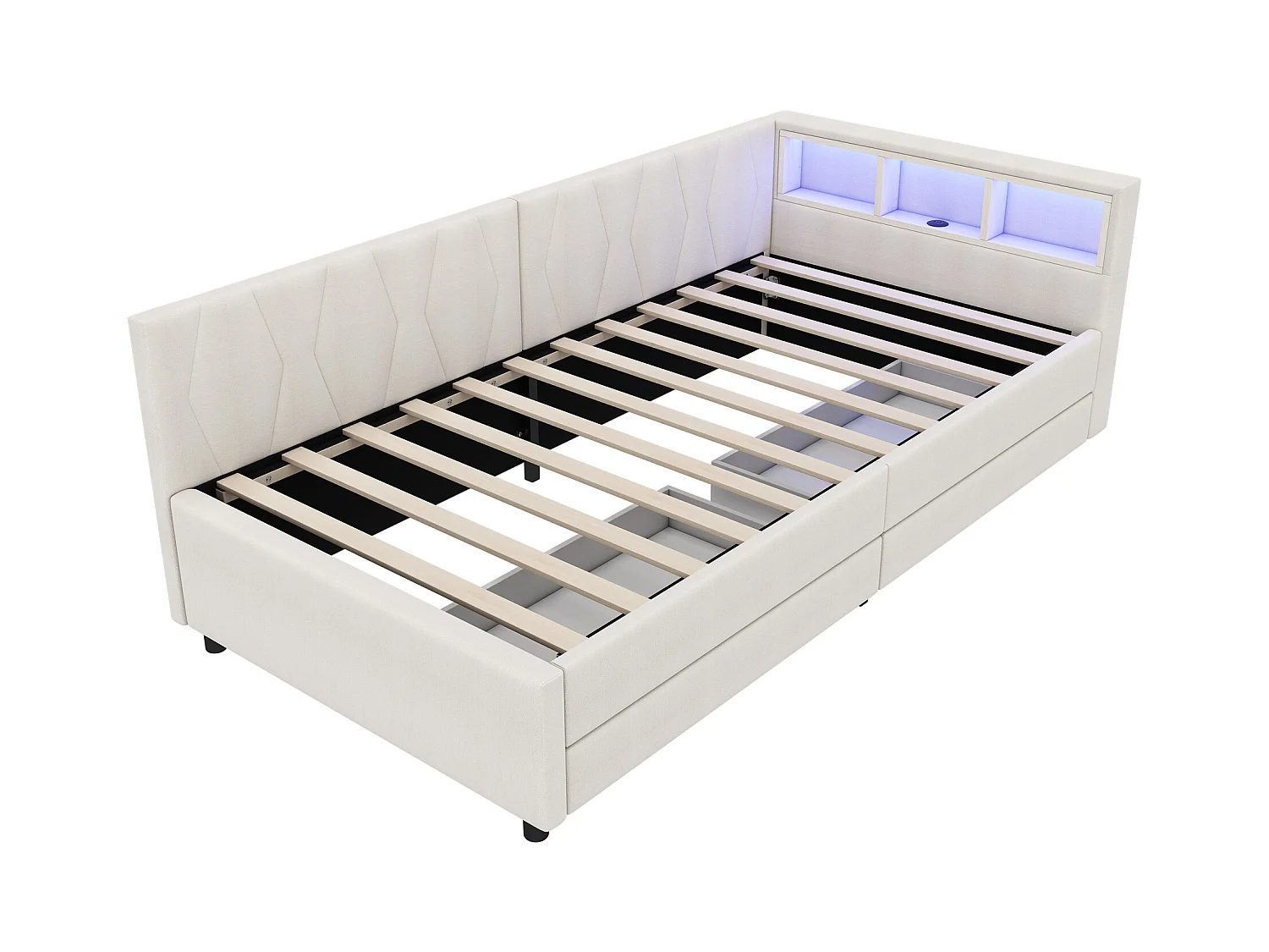 Lit capitonné 90 x 200 cm avec tête de lit et 2 tiroirs - LEDs, Prise USB + Type C - Tissu en lin - Beige (sans matelas)