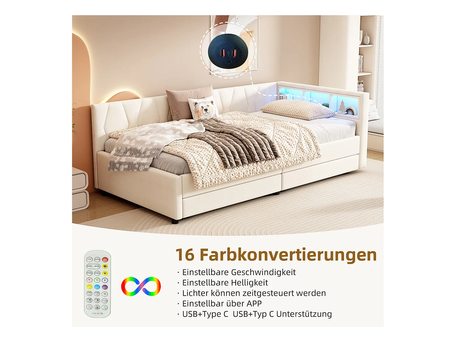 Lit capitonné 90 x 200 cm avec tête de lit et 2 tiroirs - LEDs, Prise USB + Type C - Tissu en lin - Beige (sans matelas)