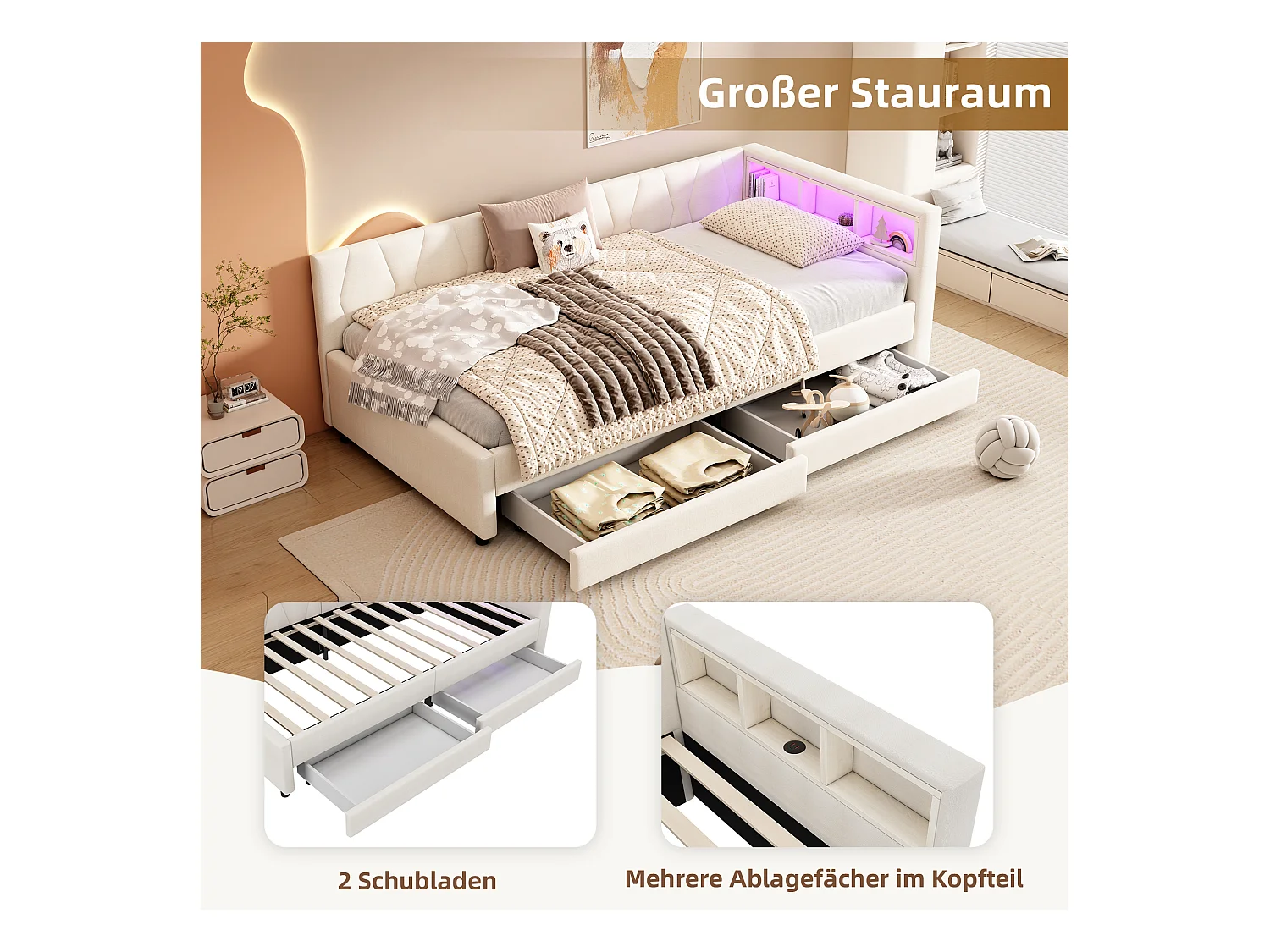 Lit capitonné 90 x 200 cm avec tête de lit et 2 tiroirs - LEDs, Prise USB + Type C - Tissu en lin - Beige (sans matelas)