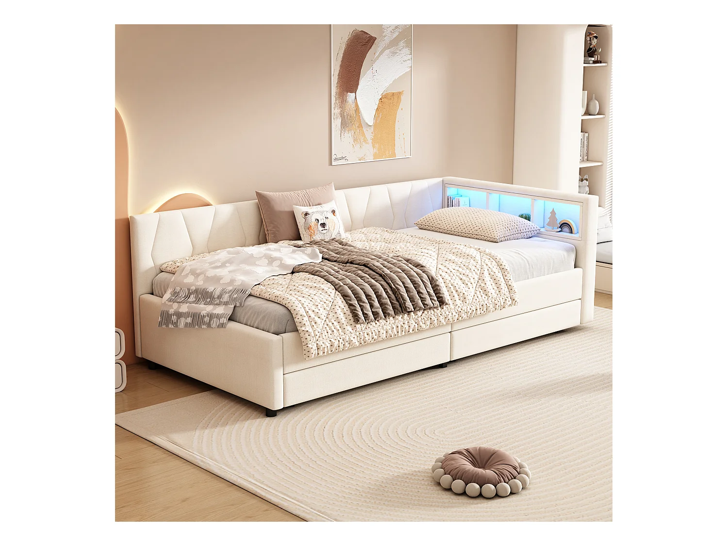 Lit capitonné 90 x 200 cm avec tête de lit et 2 tiroirs - LEDs, Prise USB + Type C - Tissu en lin - Beige (sans matelas)