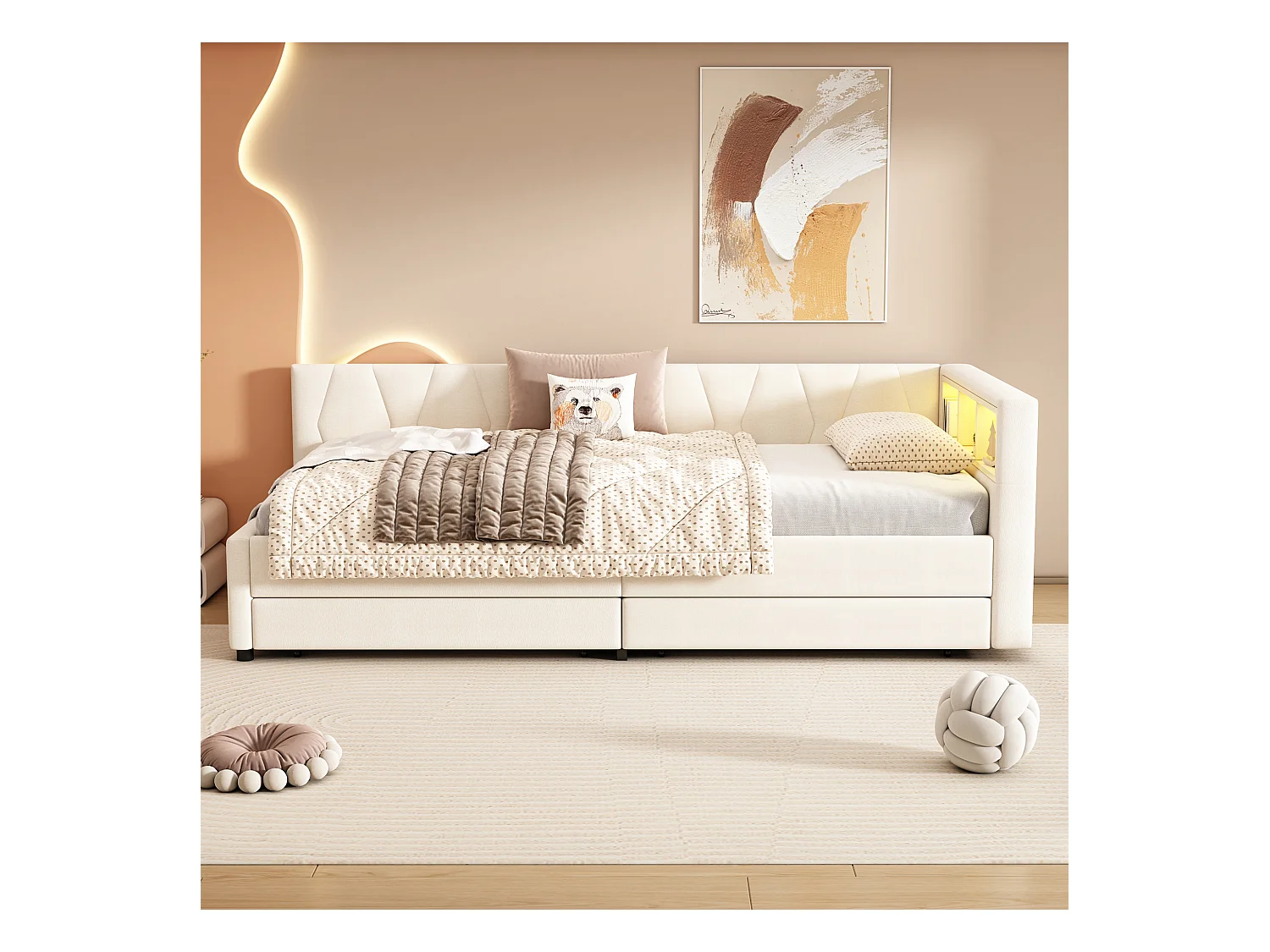 Lit capitonné 90 x 200 cm avec tête de lit et 2 tiroirs - LEDs, Prise USB + Type C - Tissu en lin - Beige (sans matelas)
