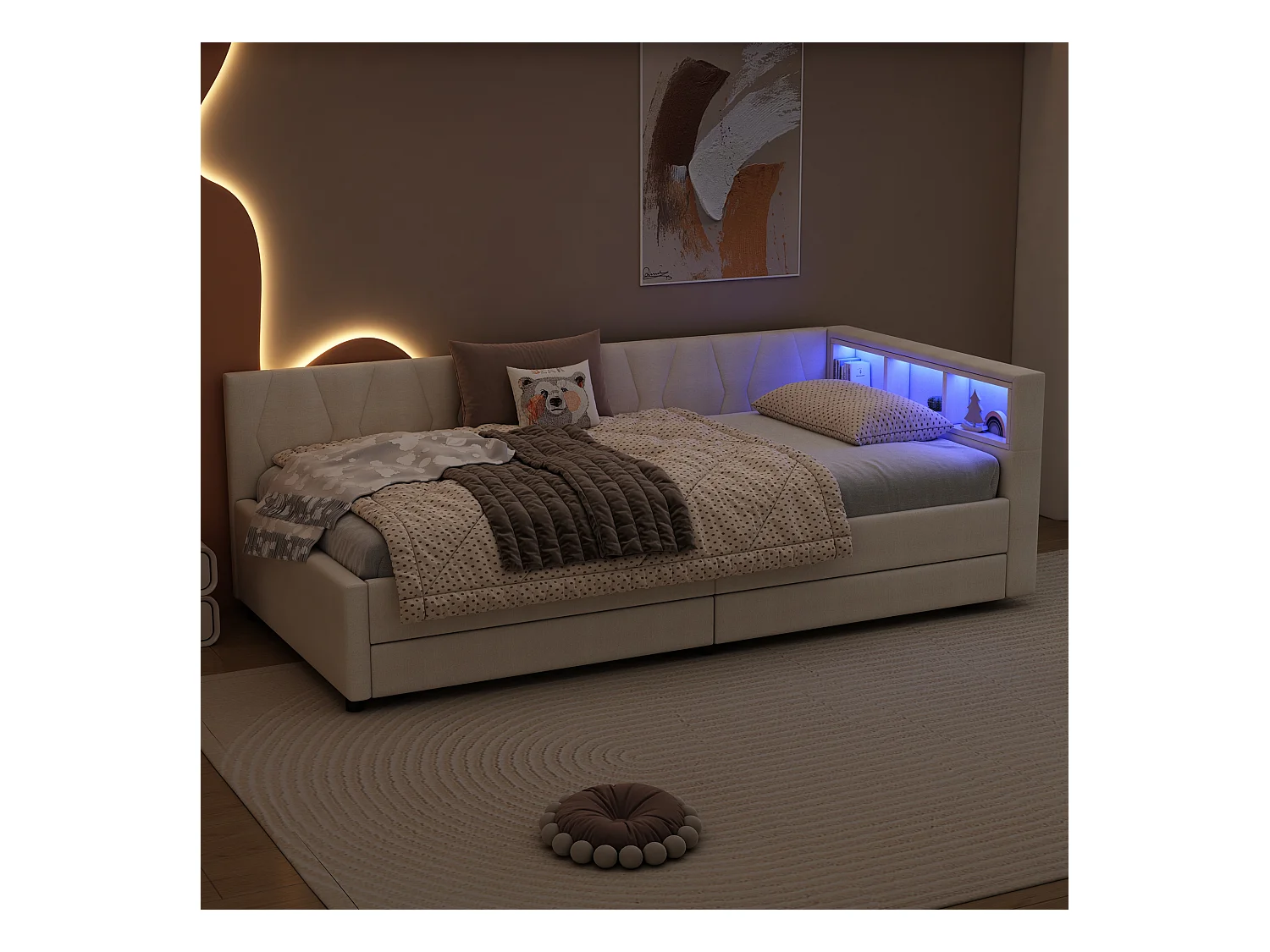 Lit capitonné 90 x 200 cm avec tête de lit et 2 tiroirs - LEDs, Prise USB + Type C - Tissu en lin - Beige (sans matelas)