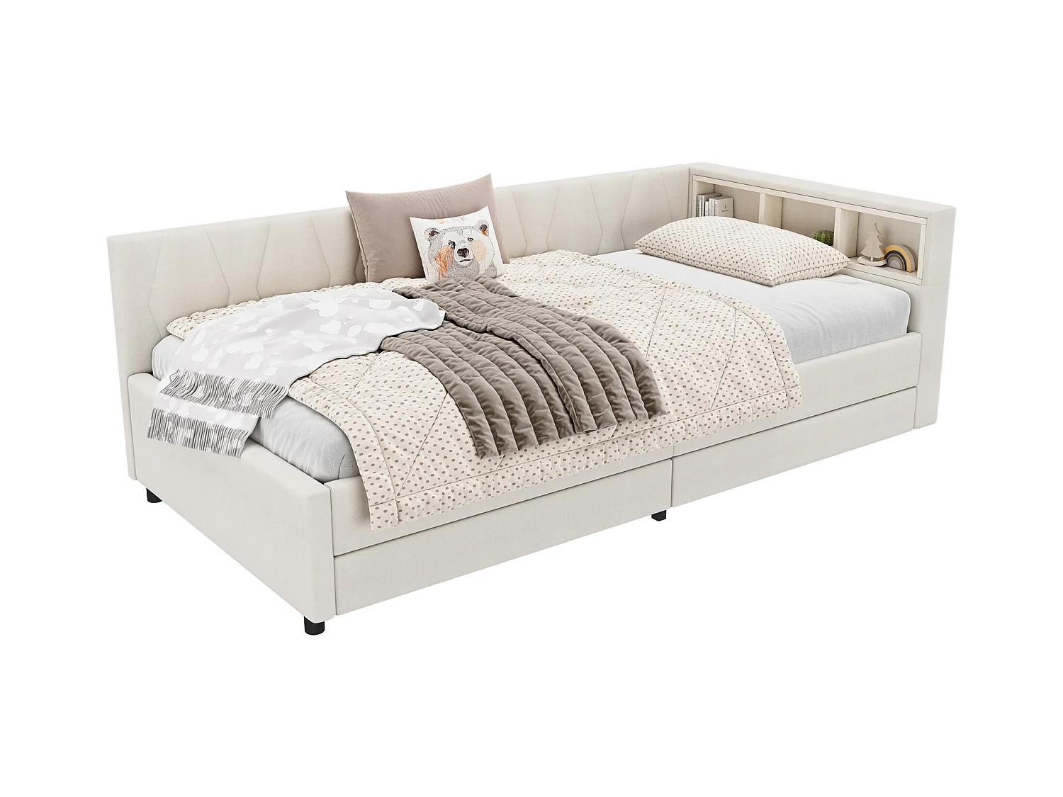 Lit capitonné 90 x 200 cm avec tête de lit et 2 tiroirs - LEDs, Prise USB + Type C - Tissu en lin - Beige (sans matelas)