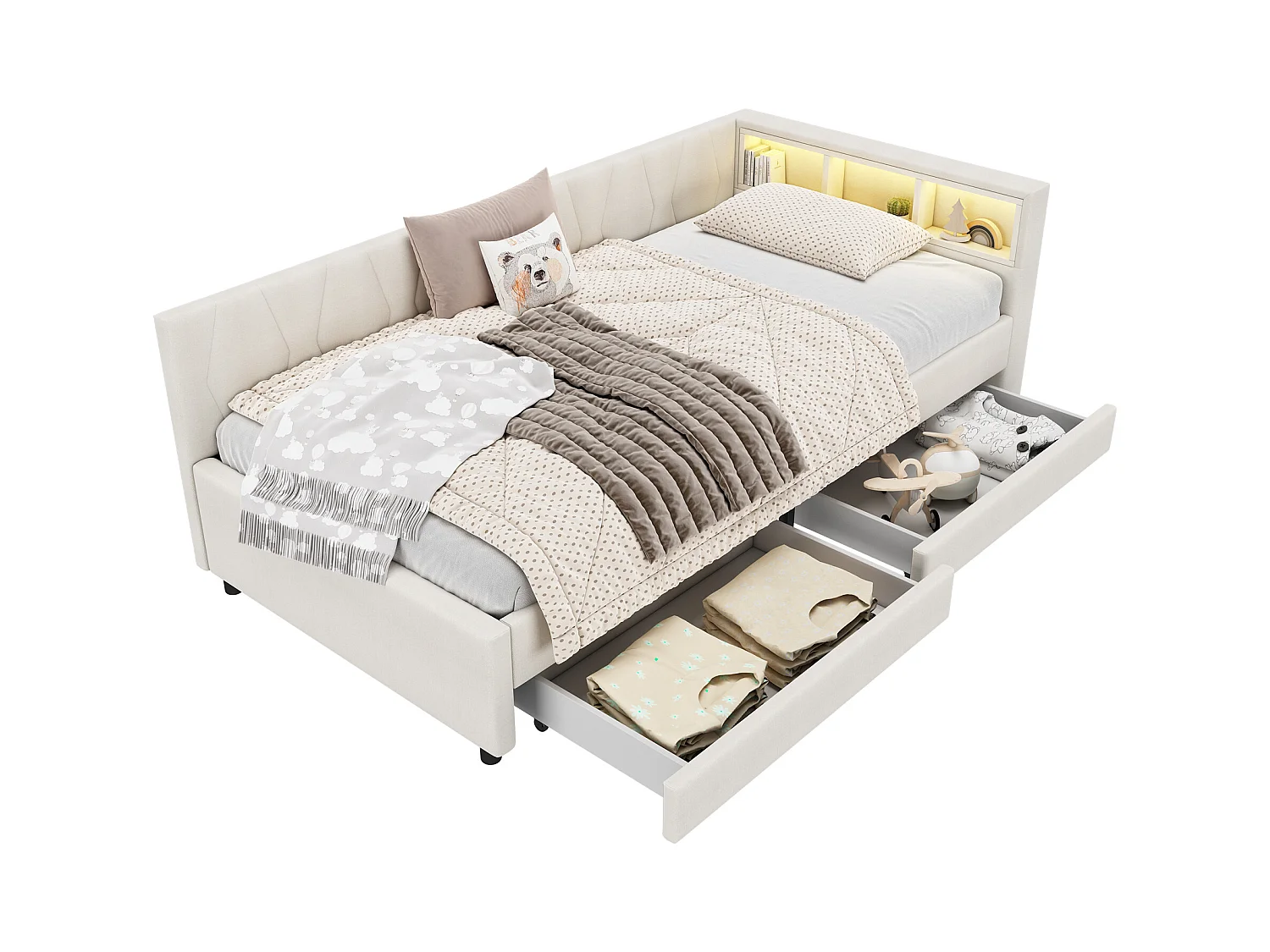 Lit capitonné 90 x 200 cm avec tête de lit et 2 tiroirs - LEDs, Prise USB + Type C - Tissu en lin - Beige (sans matelas)