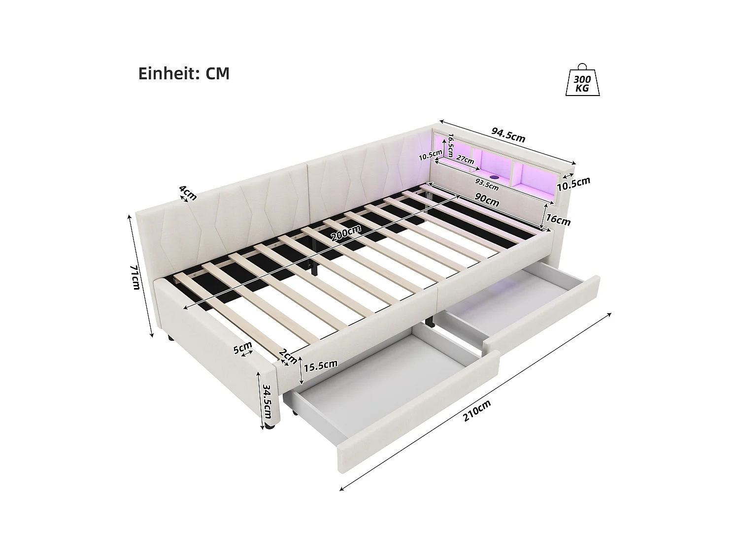 Lit capitonné 90 x 200 cm avec tête de lit et 2 tiroirs - LEDs, Prise USB + Type C - Tissu en lin - Beige (sans matelas)