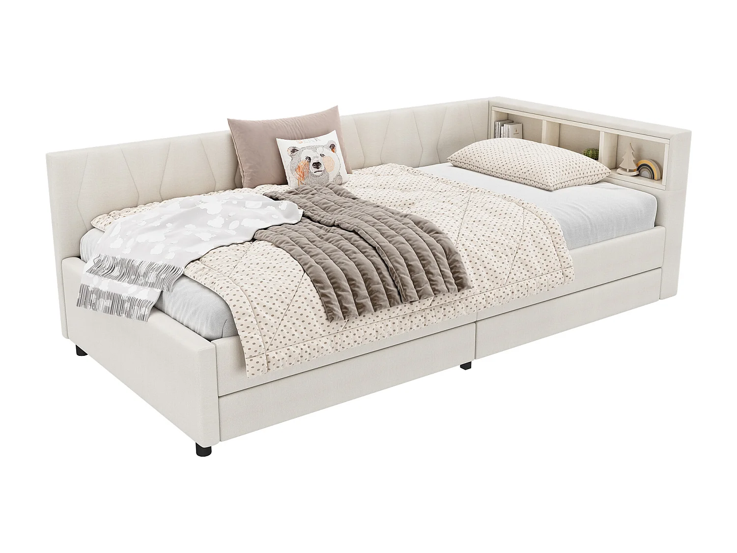 Lit capitonné 90 x 200 cm avec tête de lit et 2 tiroirs - LEDs, Prise USB + Type C - Tissu en lin - Beige (sans matelas)