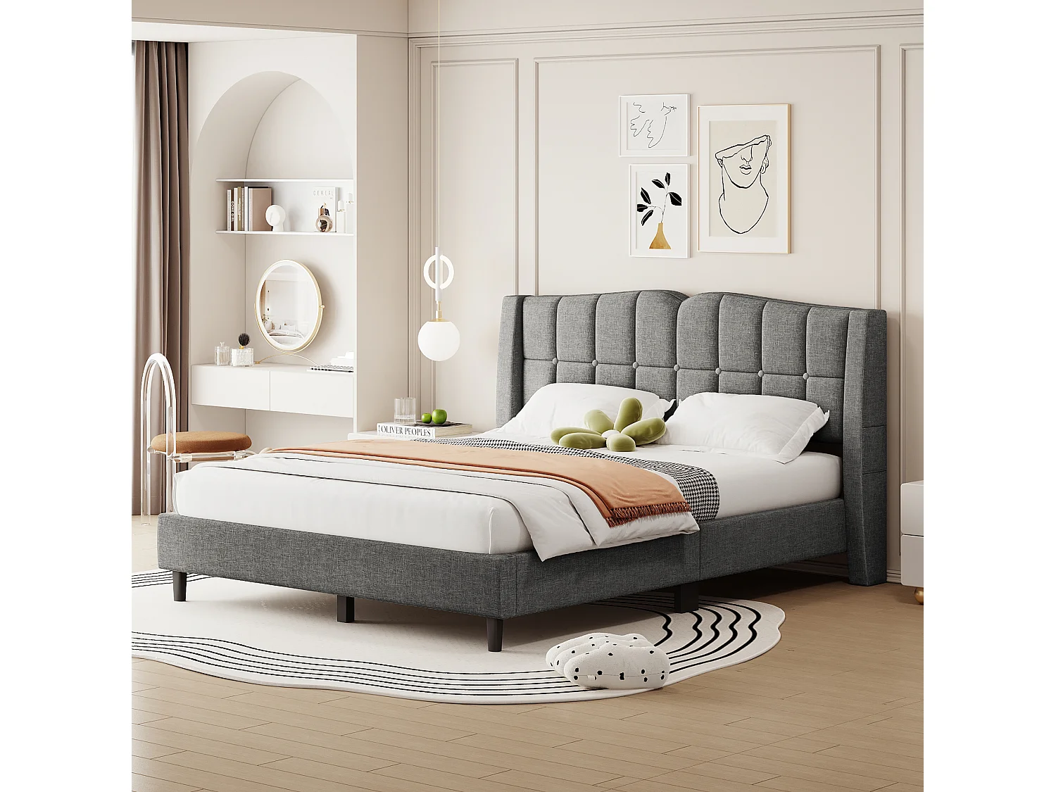 Lit capitonné 140 x 200 cm avec tête de lit - Tissu en lin - Design boutons - Gris (sans matelas)