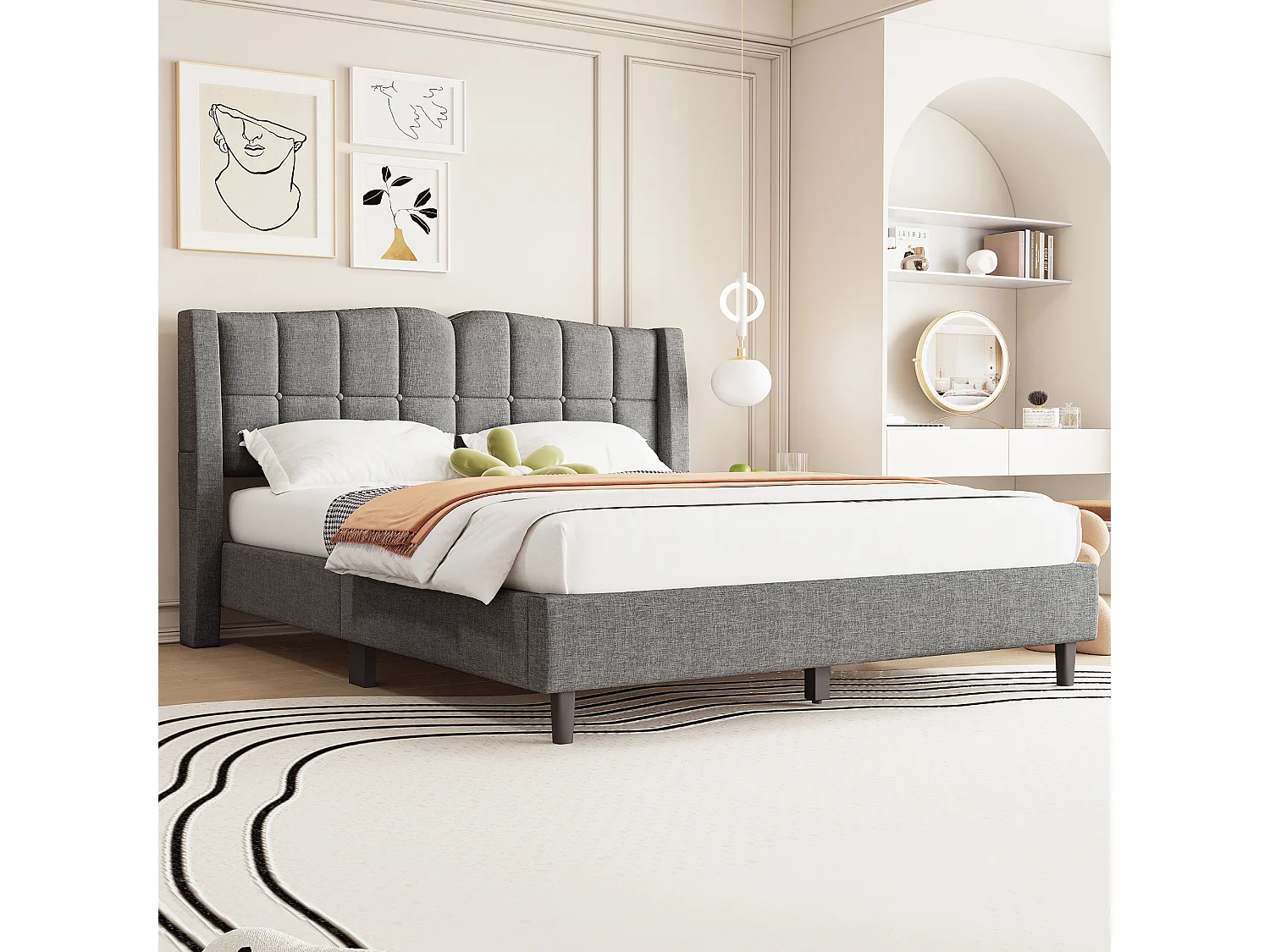 Lit capitonné 140 x 200 cm avec tête de lit - Tissu en lin - Design boutons - Gris (sans matelas)