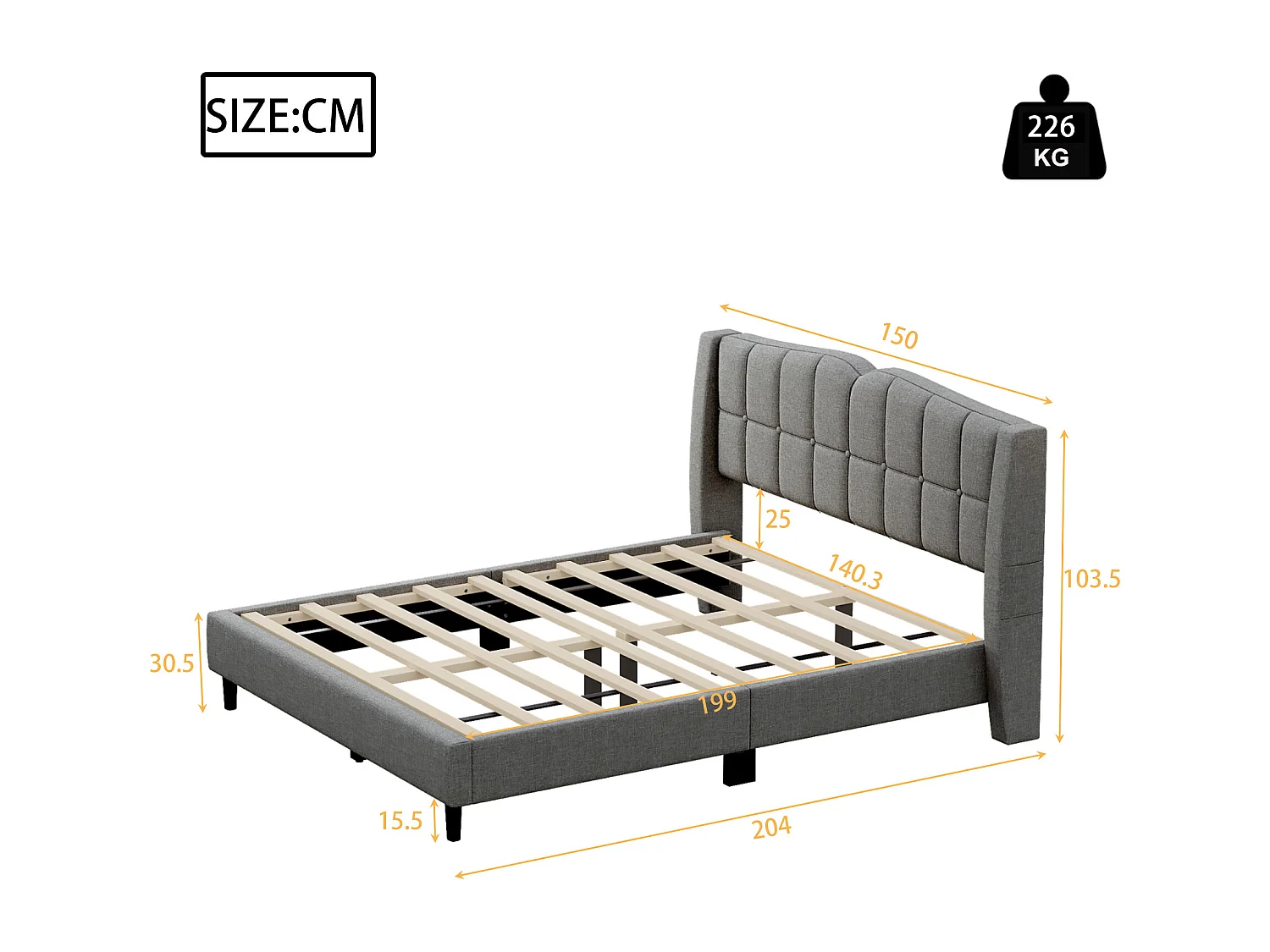 Lit capitonné 140 x 200 cm avec tête de lit - Tissu en lin - Design boutons - Gris (sans matelas)
