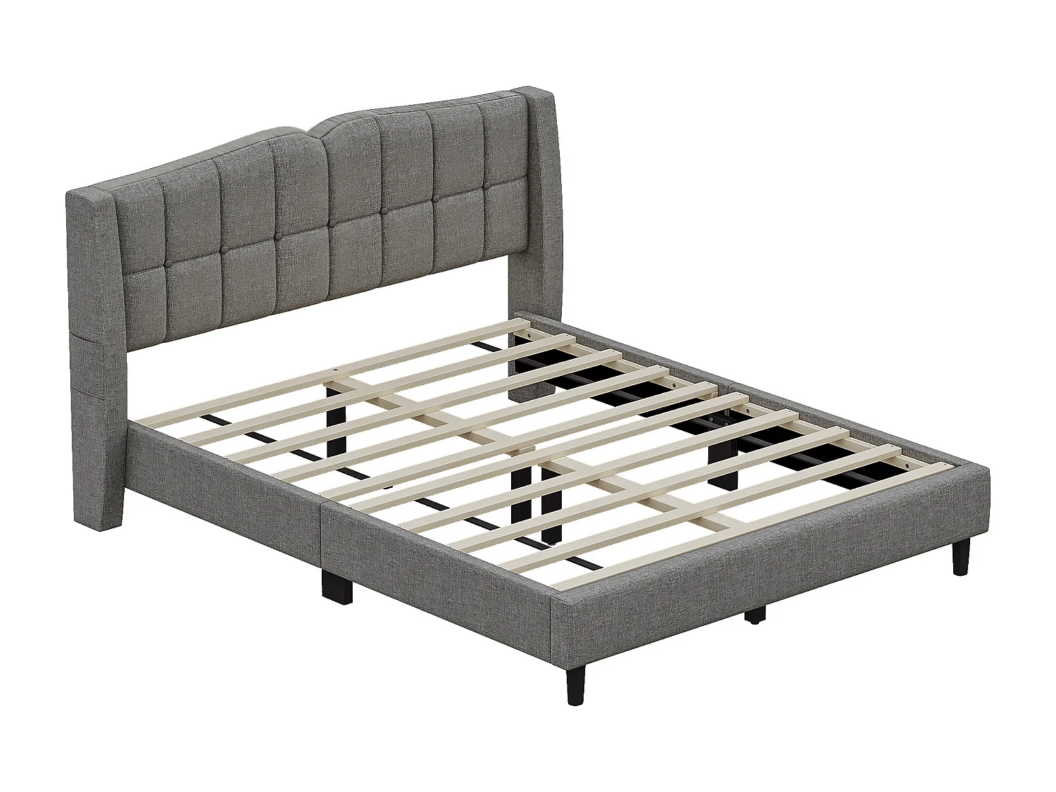 Lit capitonné 140 x 200 cm avec tête de lit - Tissu en lin - Design boutons - Gris (sans matelas)