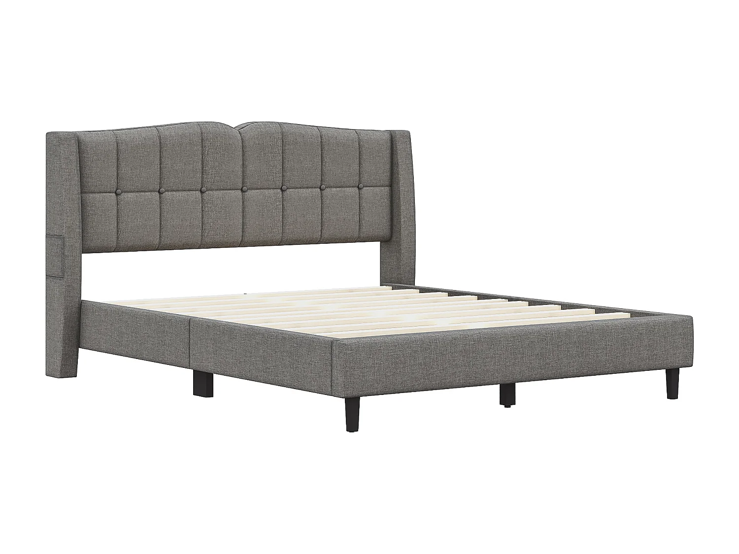 Lit capitonné 140 x 200 cm avec tête de lit - Tissu en lin - Design boutons - Gris (sans matelas)