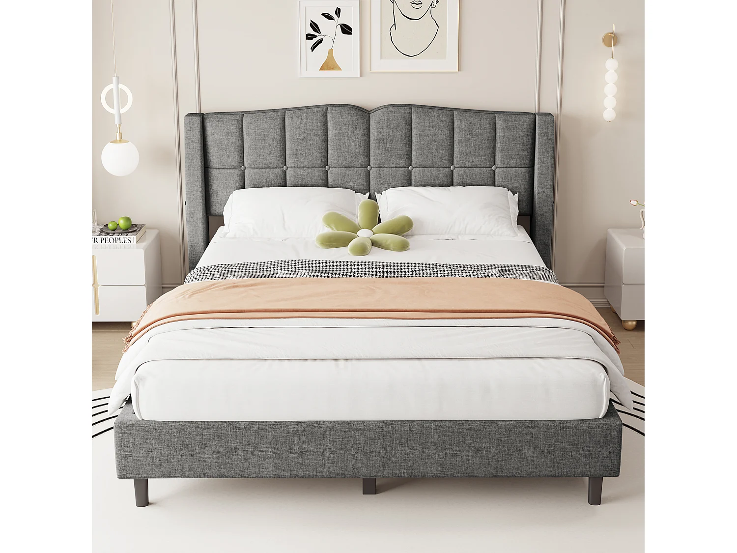 Cama estofada 140 x 200 cm com cabeceira - Tecido de linho - Design de botões - Cinza (sem colchão)